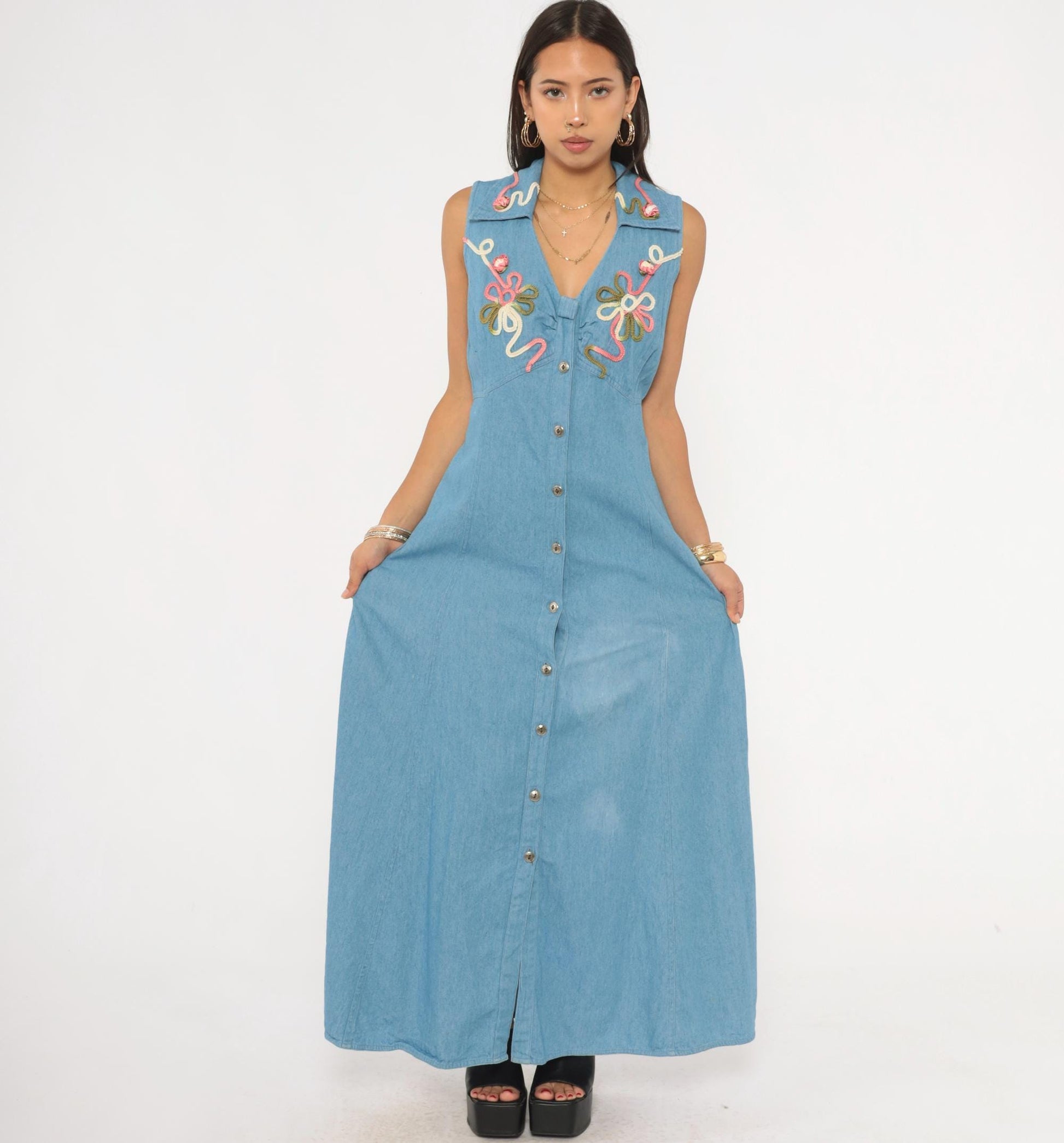 90s Midnite Light Blue Denim Maxi Dress Floral Embroidery Collared Medium M