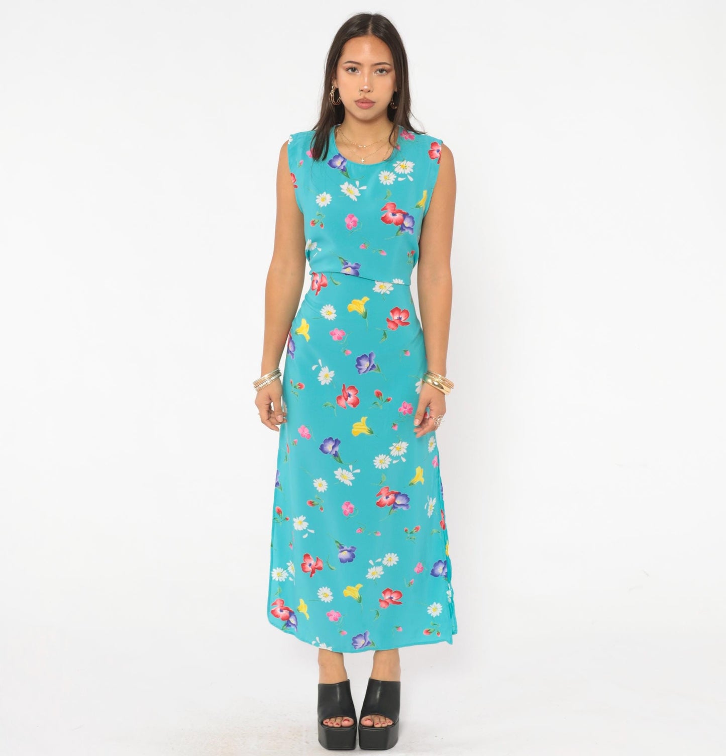 90s Top Secret New York Floral Maxi Dress Turquoise Wildflower Medium M