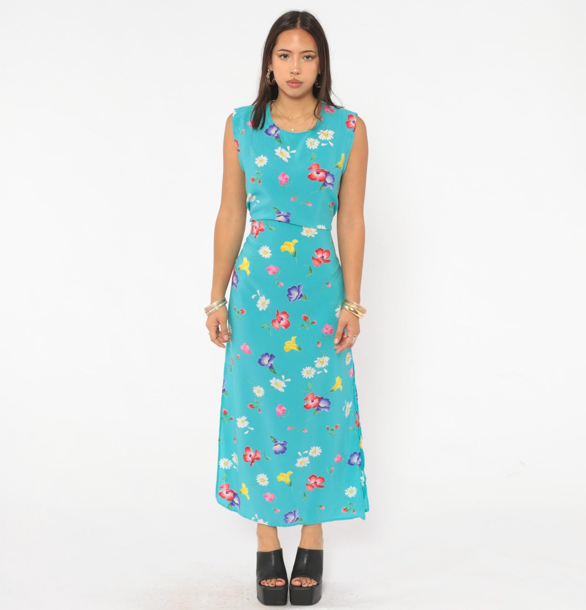90s Top Secret New York Floral Maxi Dress Turquoise Wildflower Medium M
