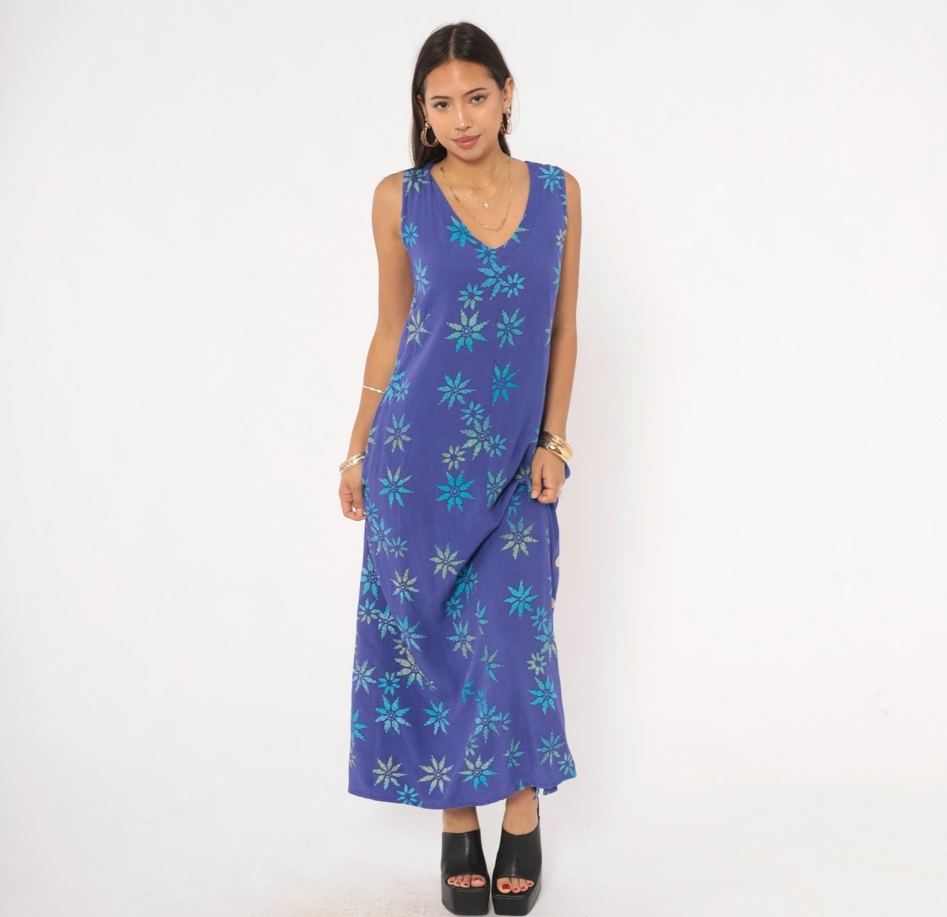 90s Temptation Batik Maxi Dress Purple Teal Starburst Floral Sleeveless Medium
