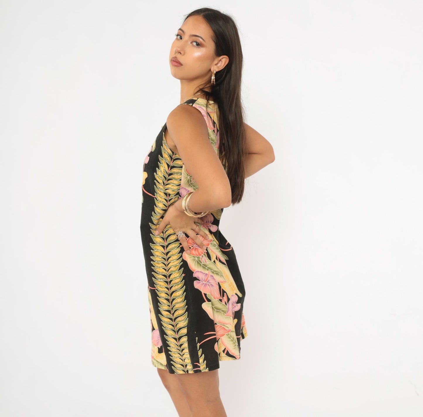 90s Kalaheo Hawaiian Shift Dress Black Tropical Floral Mini Small S