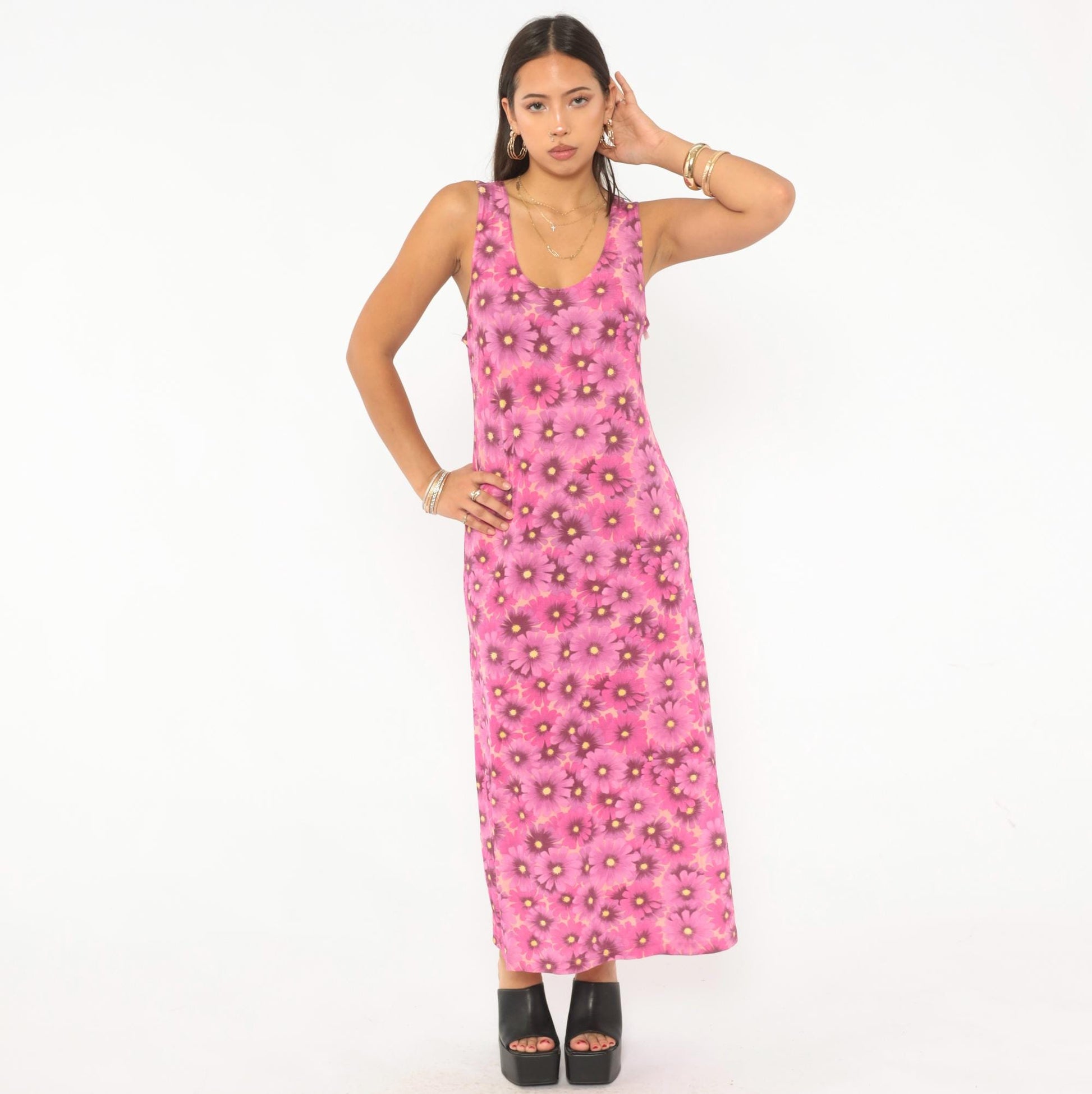 90s Pacific Palm Pink Floral Maxi Dress Daisy Tank Scoop Neck Medium M
