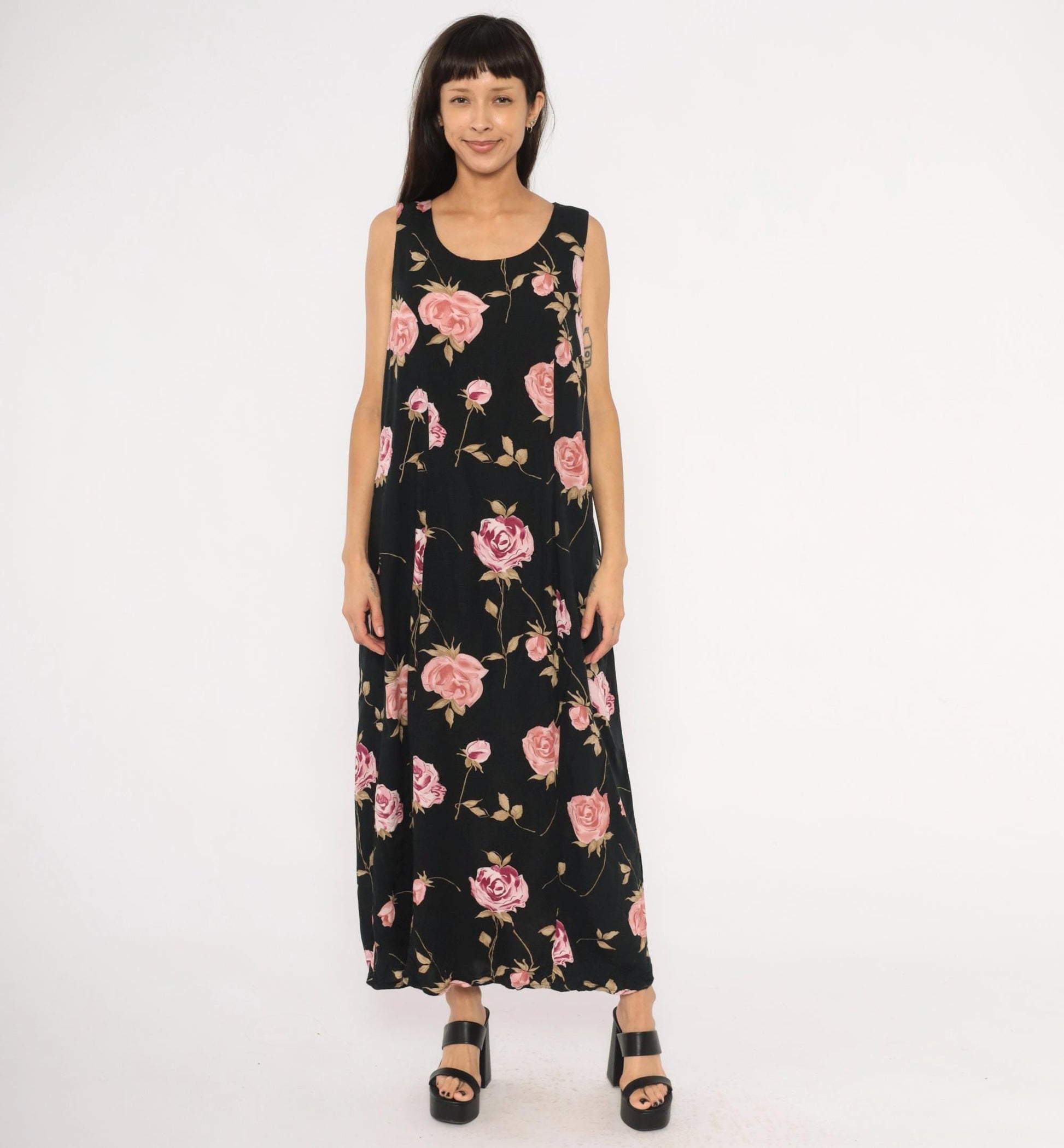 90s Jodi Michaels Rose Print Maxi Dress Black Pink Sleeveless Large L