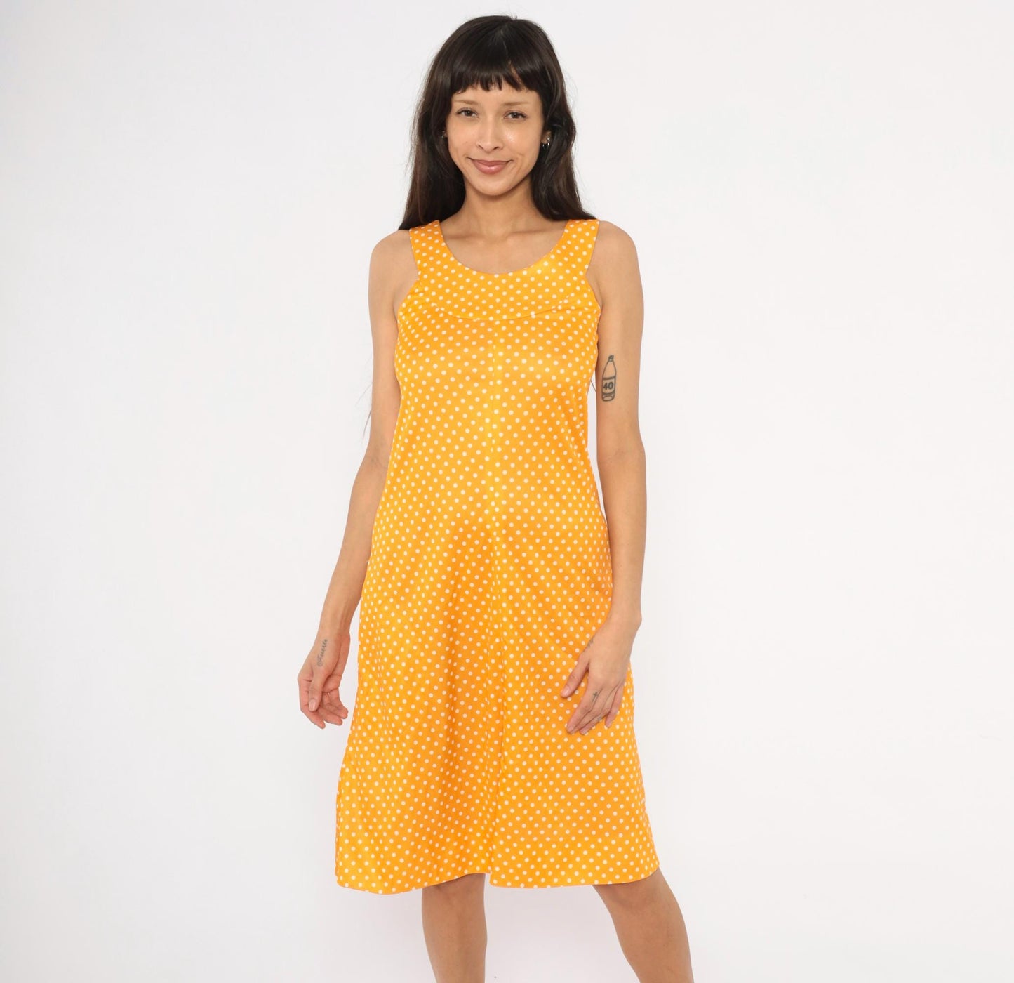 70s Yellow White Polka Dot Sundress Empire Waist Tank Small