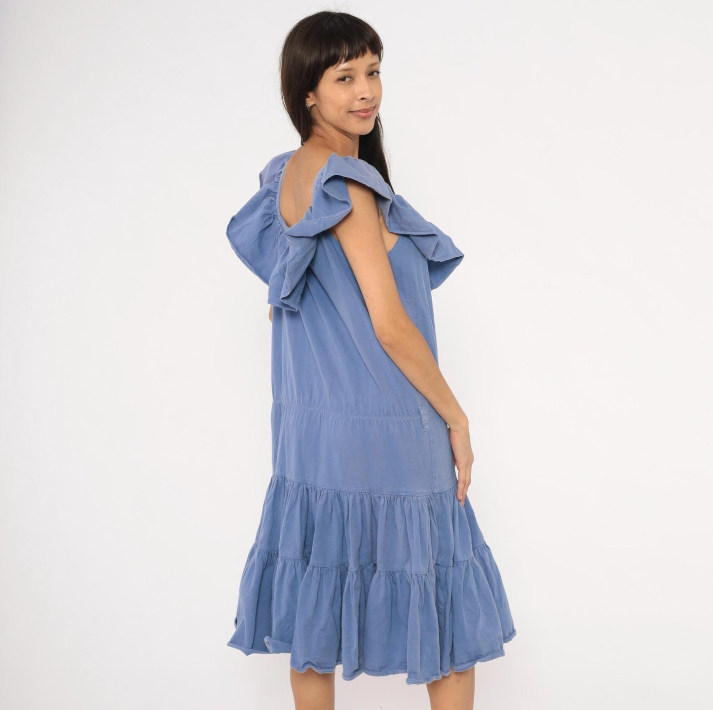 80s Jb Periwinkle Cotton Sundress Tiered Ruffle Midi Powder Blue Large L