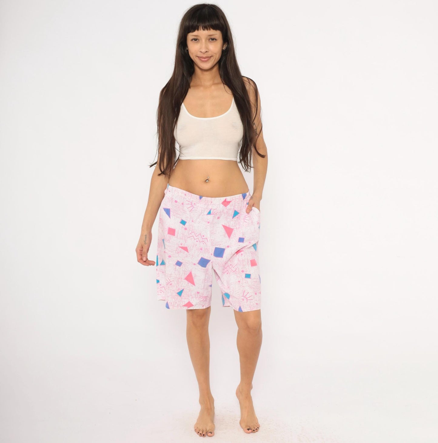 80s Geometric Triangle Shorts Pink Teal Blue Cotton Knee-Length Medium