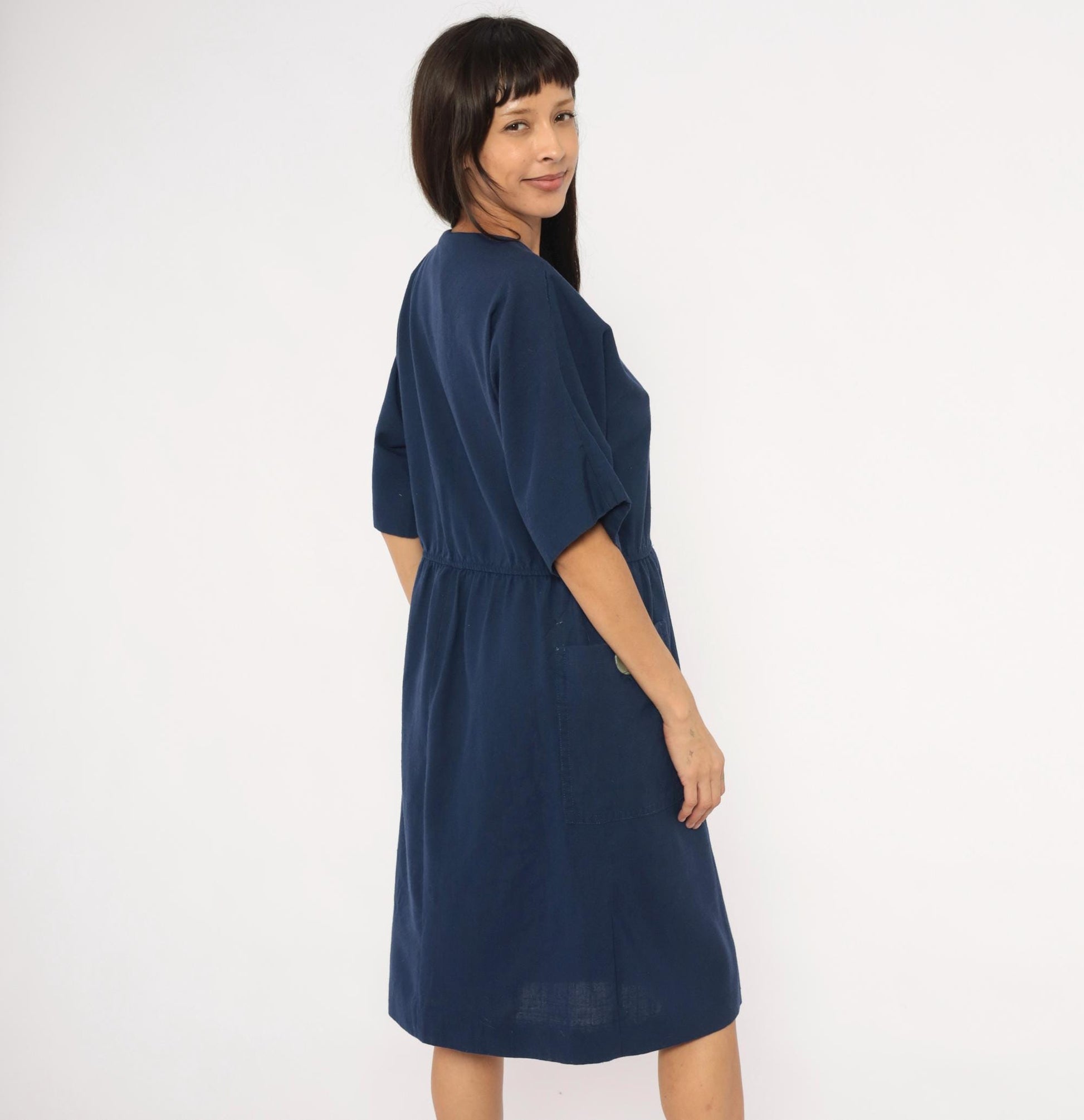 80s Leslie Fay Navy Button-Front Dress Knee-Length Elastic Waist Large L