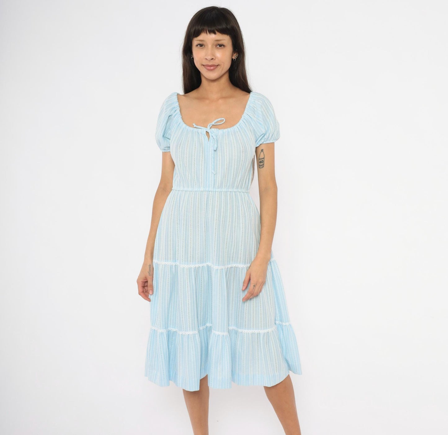 70s Sky Blue Striped Peasant Dress Puff Sleeve Tiered Skirt Lace Trim Medium M