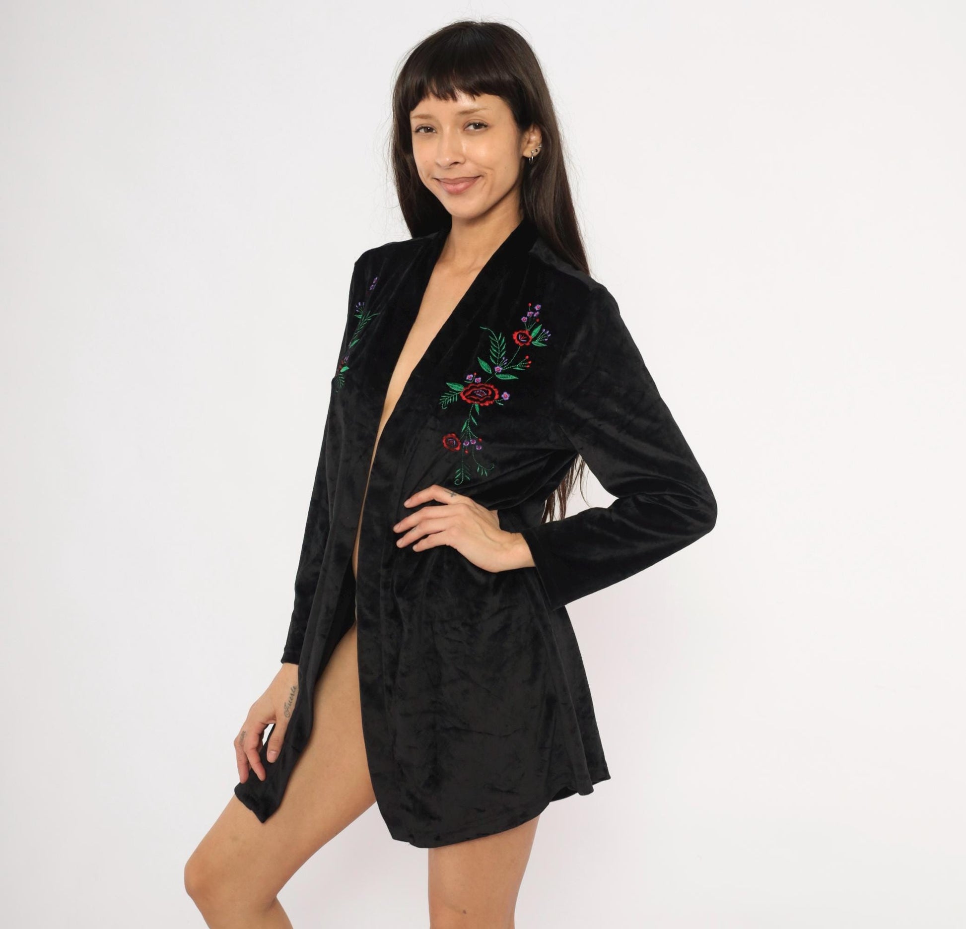 80s Blair Black Velvet Kimono Duster Embroidered Floral Rose Medium M