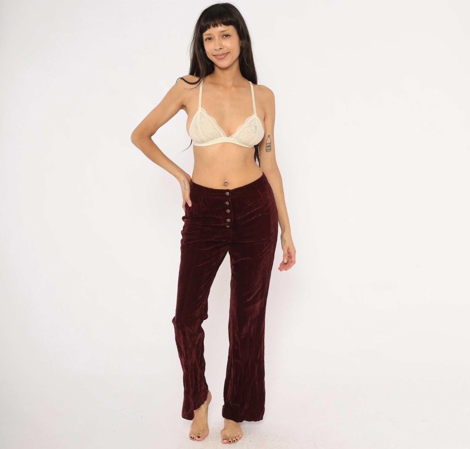 70s Burgundy Crushed Velvet Flare Pants Embroidered Low Rise Medium M