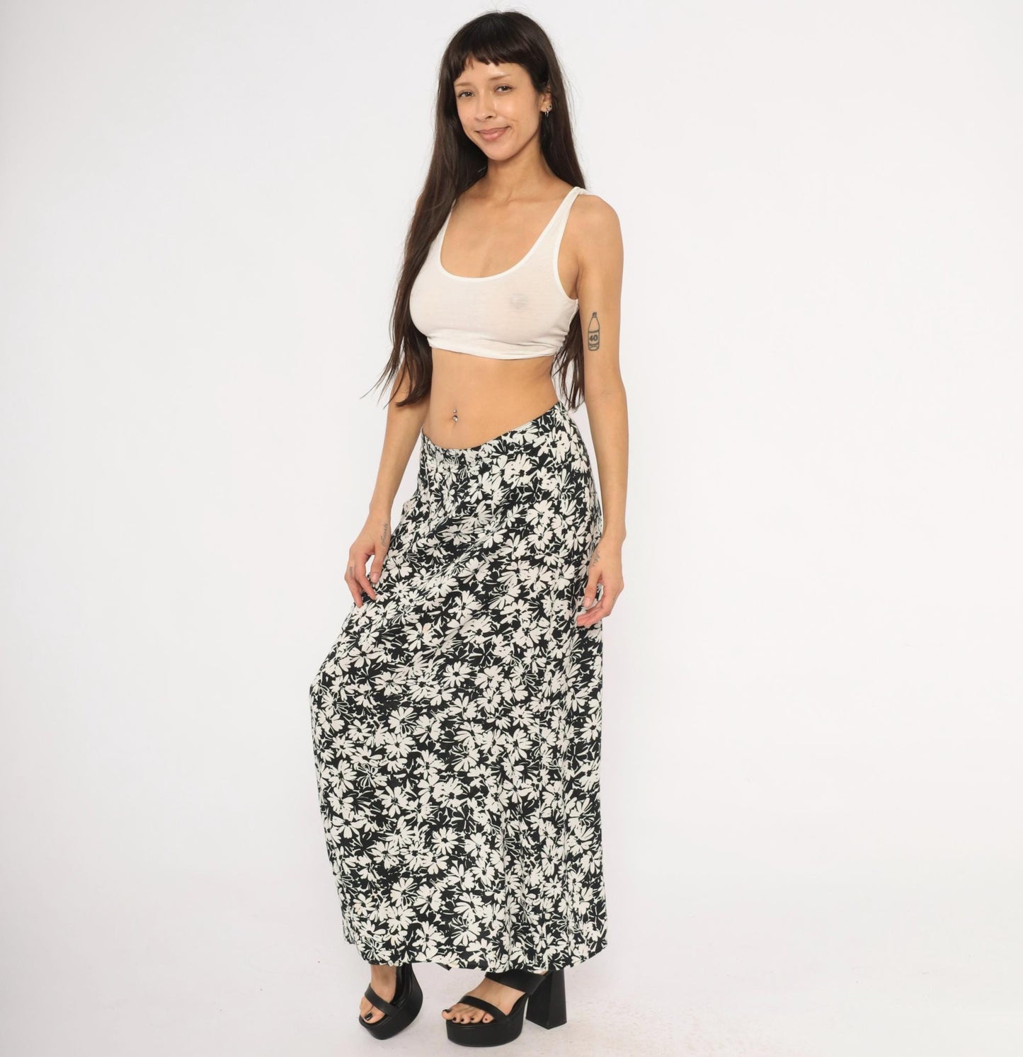 Y2K Briggs Black Daisy Floral Maxi Skirt Ivory Cream Medium M