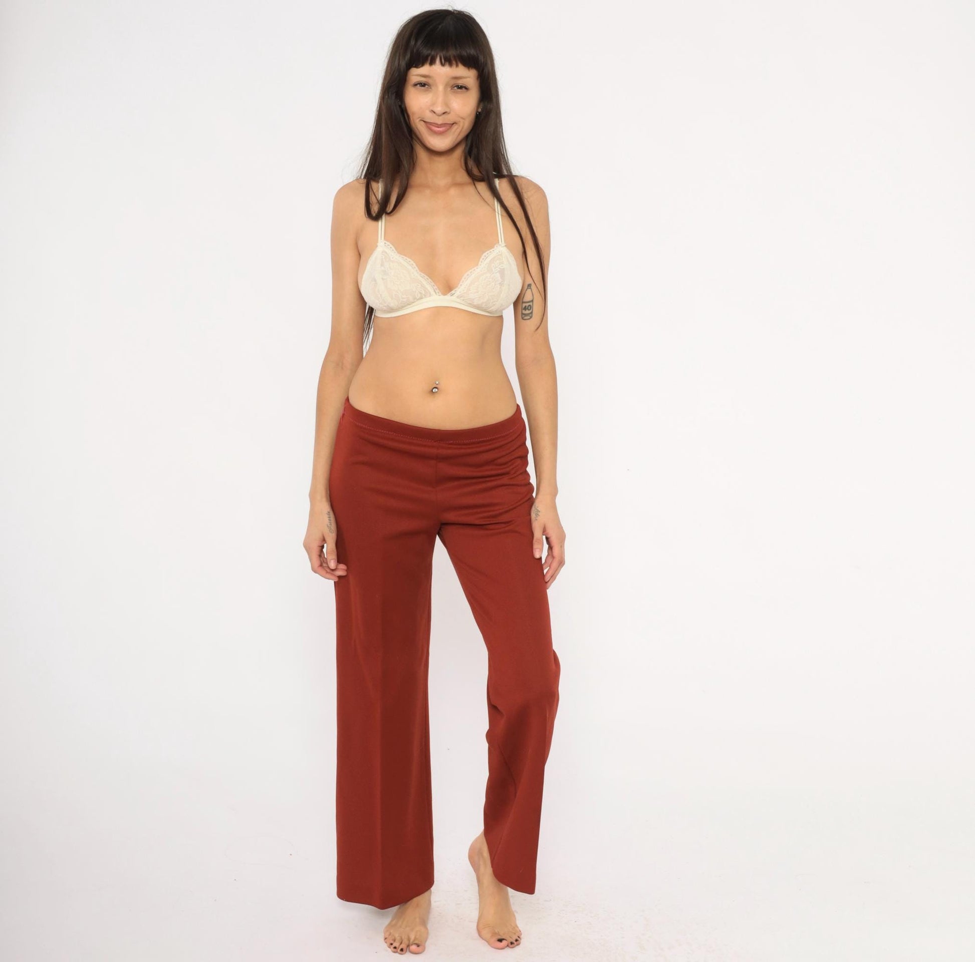 70s Rust Wide Leg Pants Elastic Waist Flare Bottom Pull On Trousers Large L