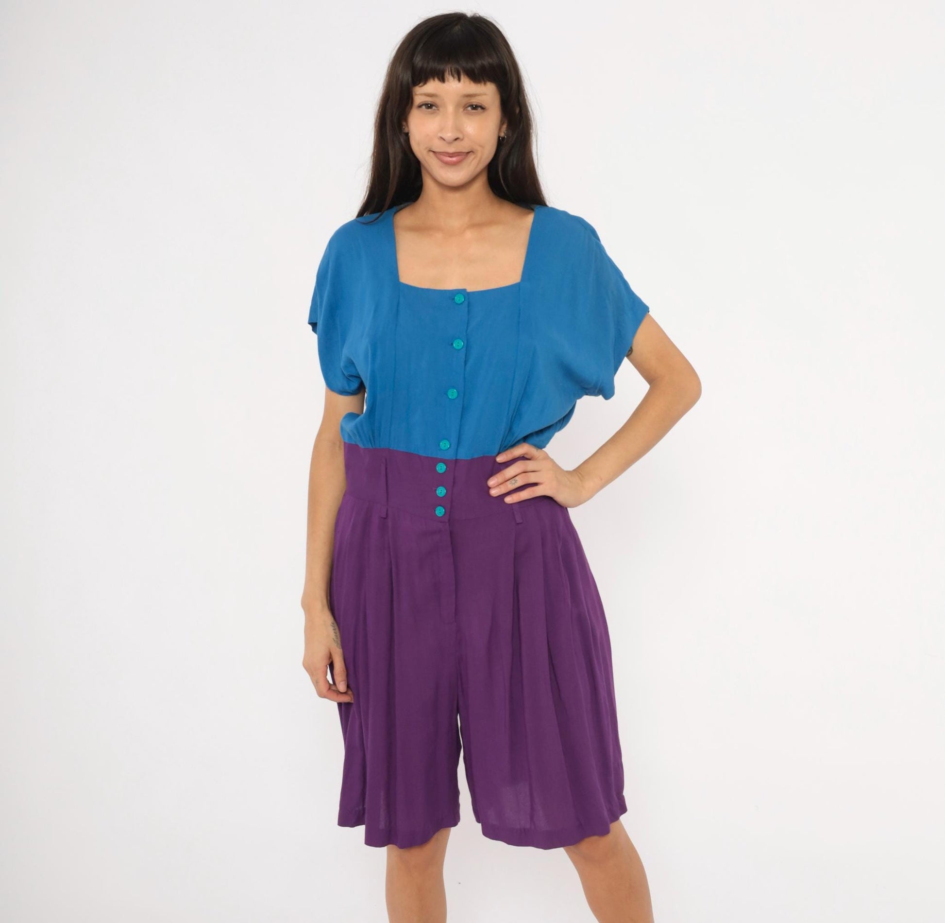 90s Rabbit Jr Color Block Romper Cobalt Blue Plum Purple Medium M
