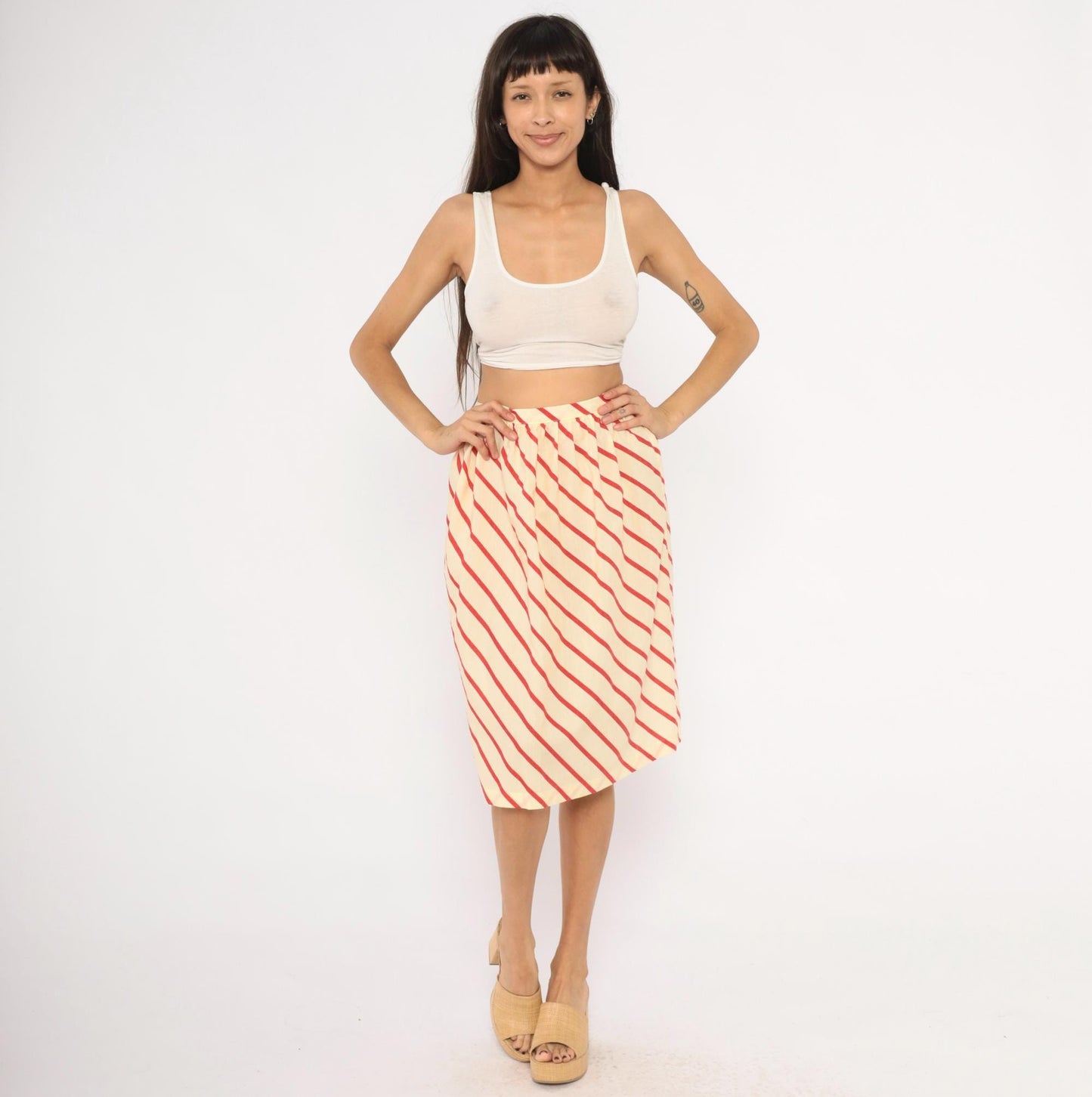 60s Bryn Mawr Diagonal Stripe A-Line Skirt Red Cream Knee Length Extra Small XS