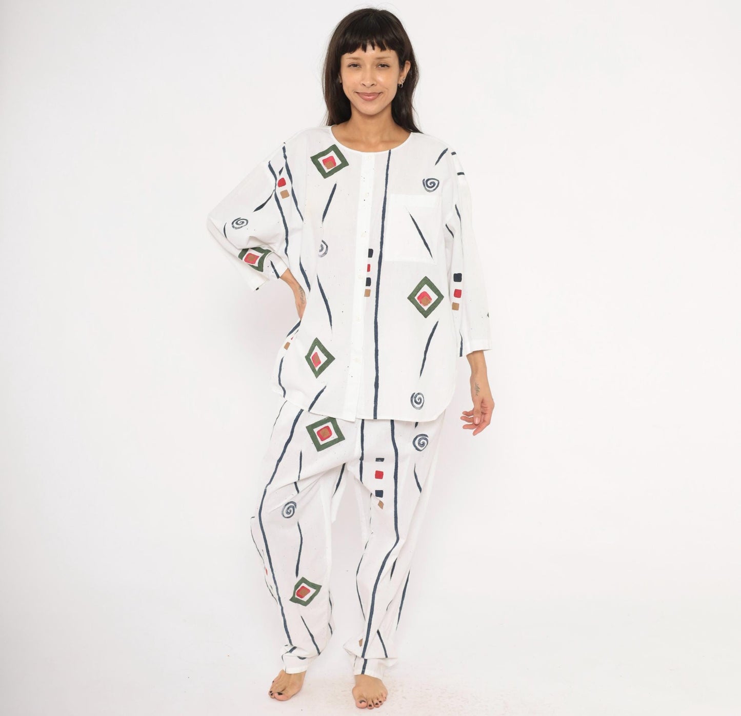 90s Allegre Geometric Print Cotton Two Piece Set White Large L