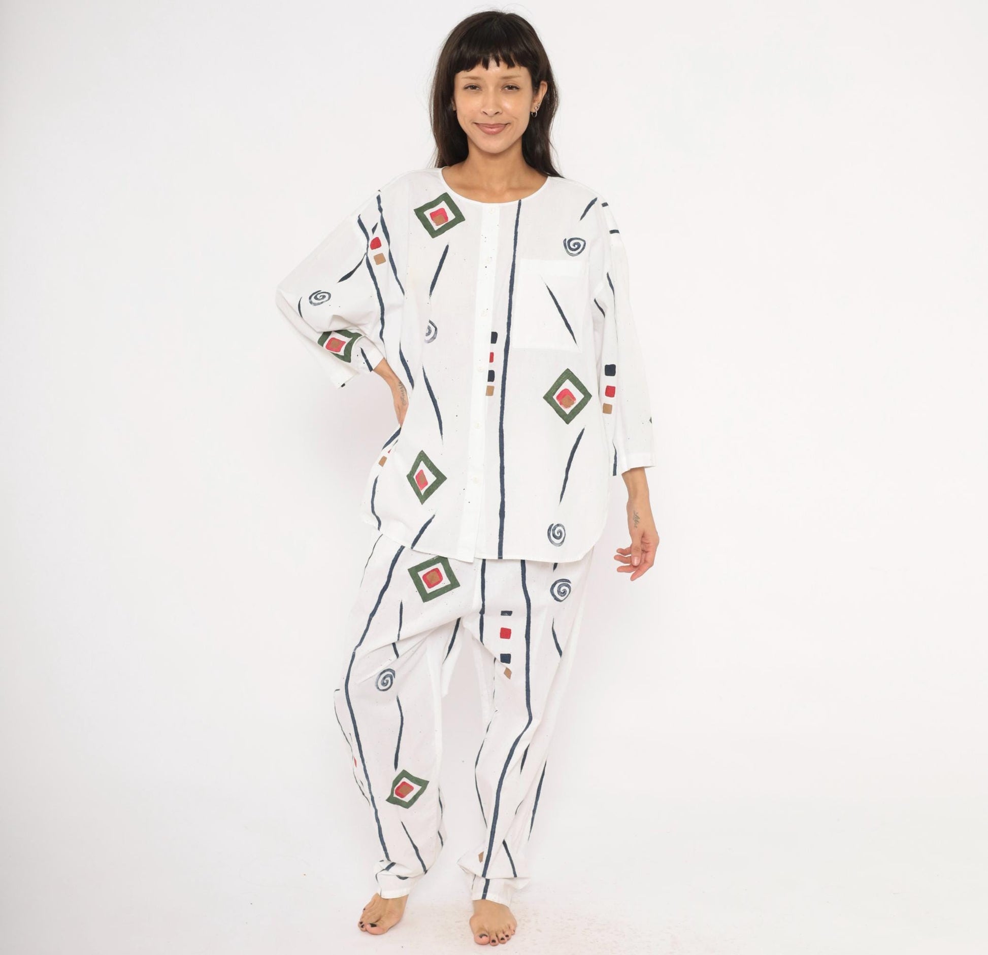 90s Allegre Geometric Print Cotton Two Piece Set White Large L