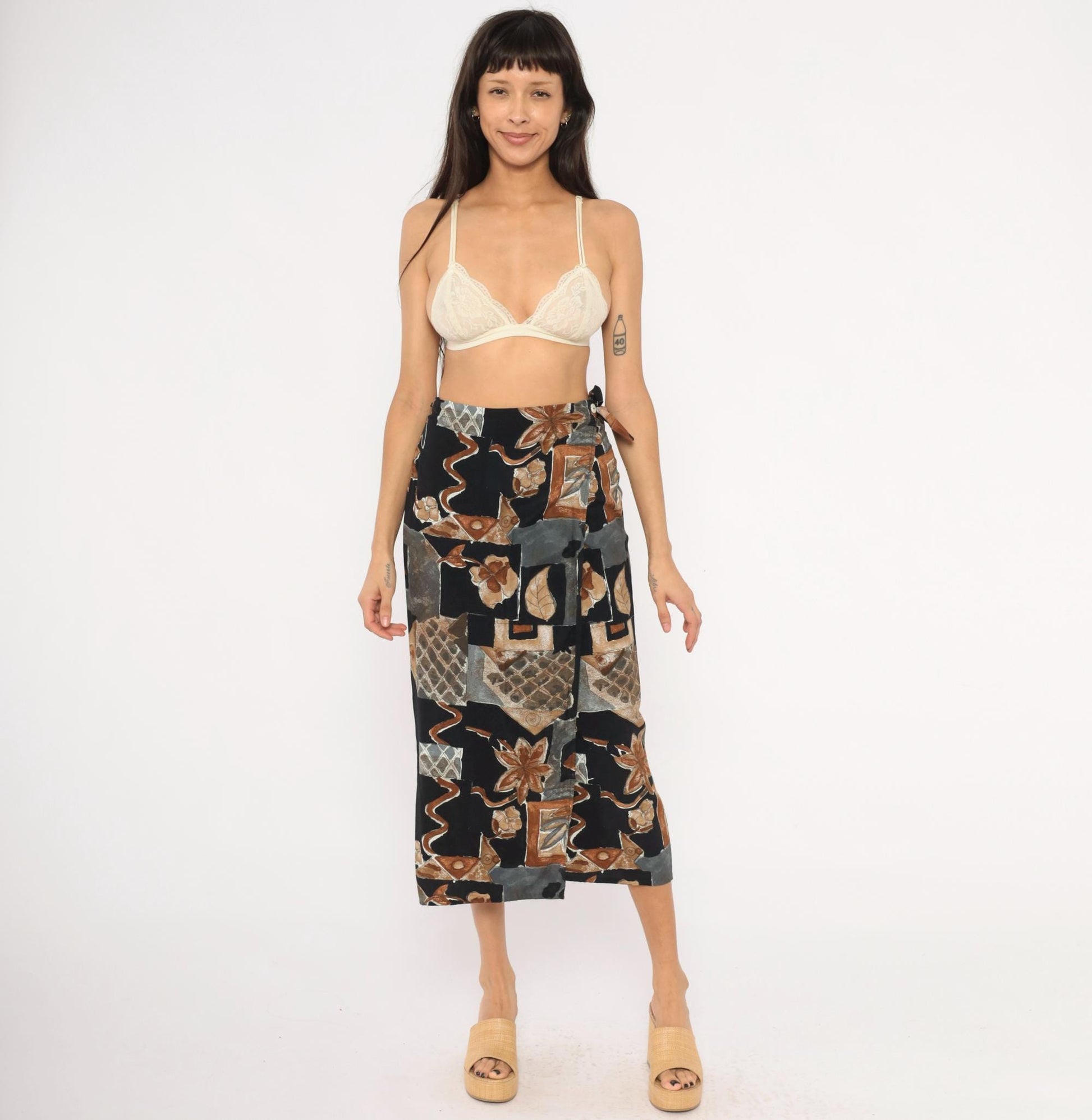 90s Abstract Botanical Wrap Skirt Black Patchwork Midi Small S