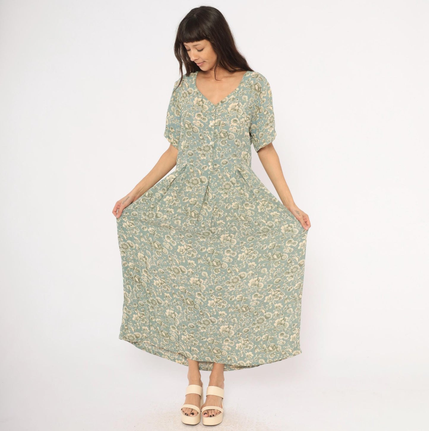 90s April Cornell Floral Maxi Dress Teal Cream V-Neck Short Sleeve Large L