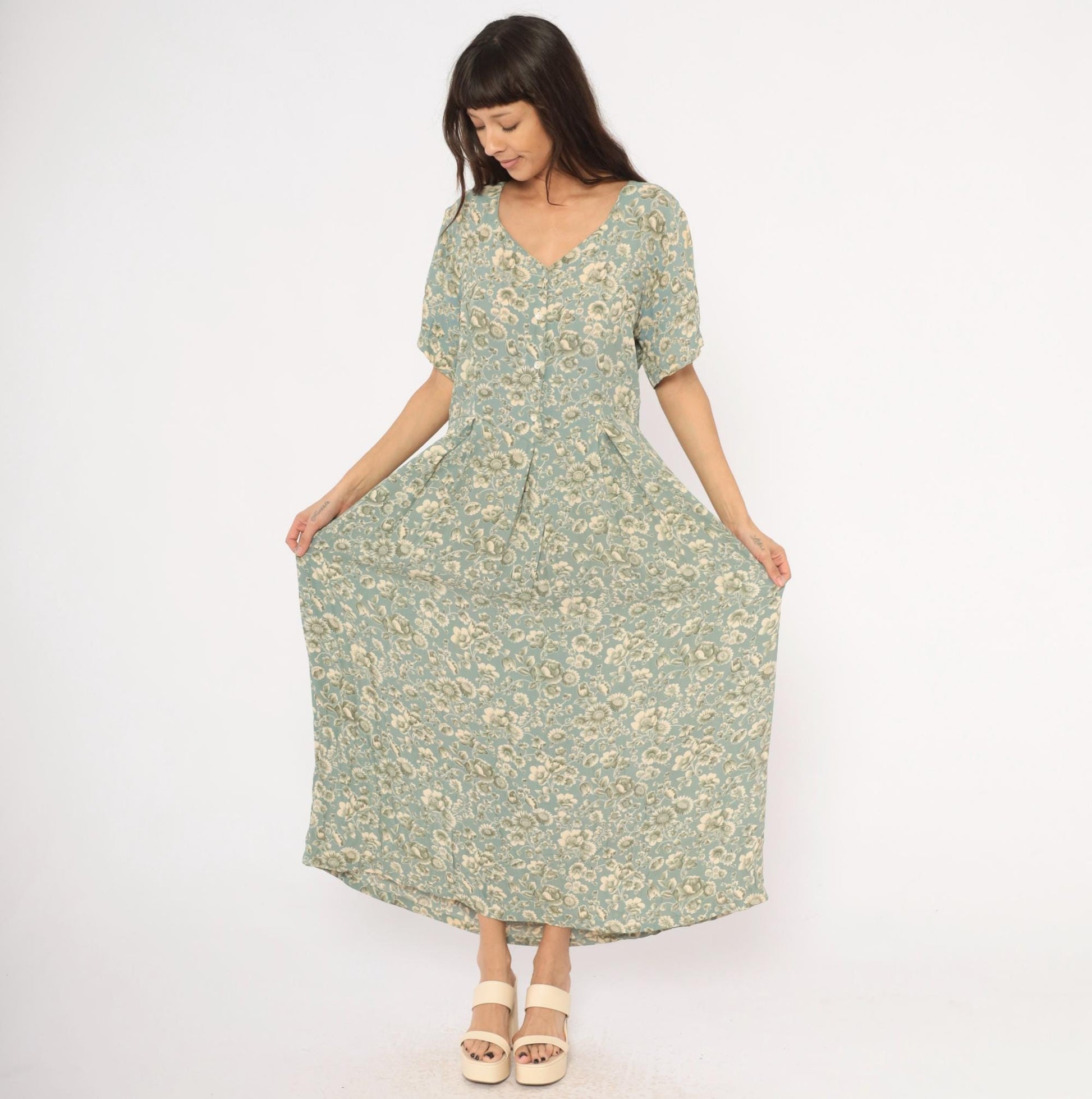 90s April Cornell Floral Maxi Dress Teal Cream V-Neck Short Sleeve Large L