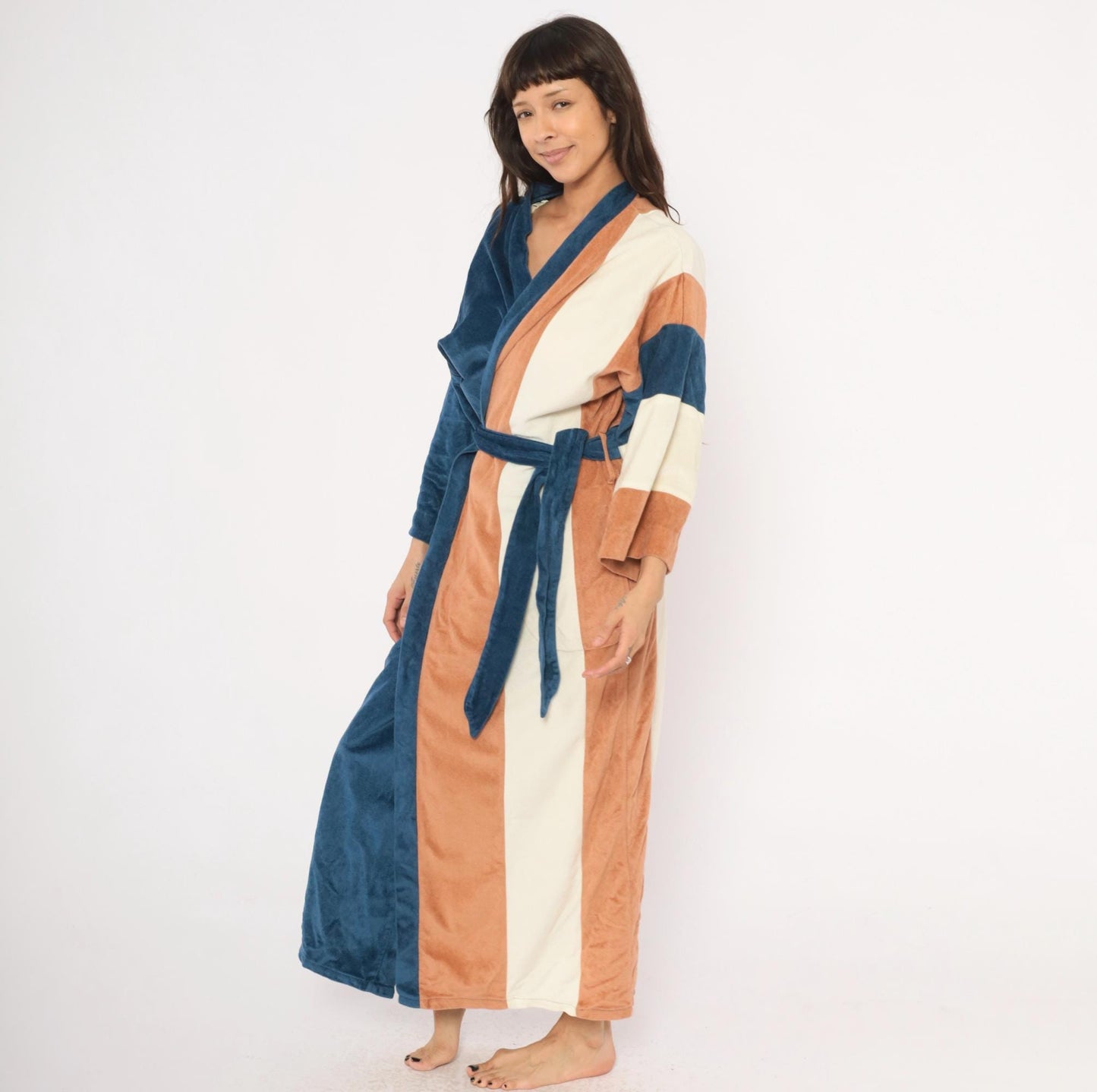 80s JCPenney Velour Kimono Robe Colorblock Navy Copper Cream One Size