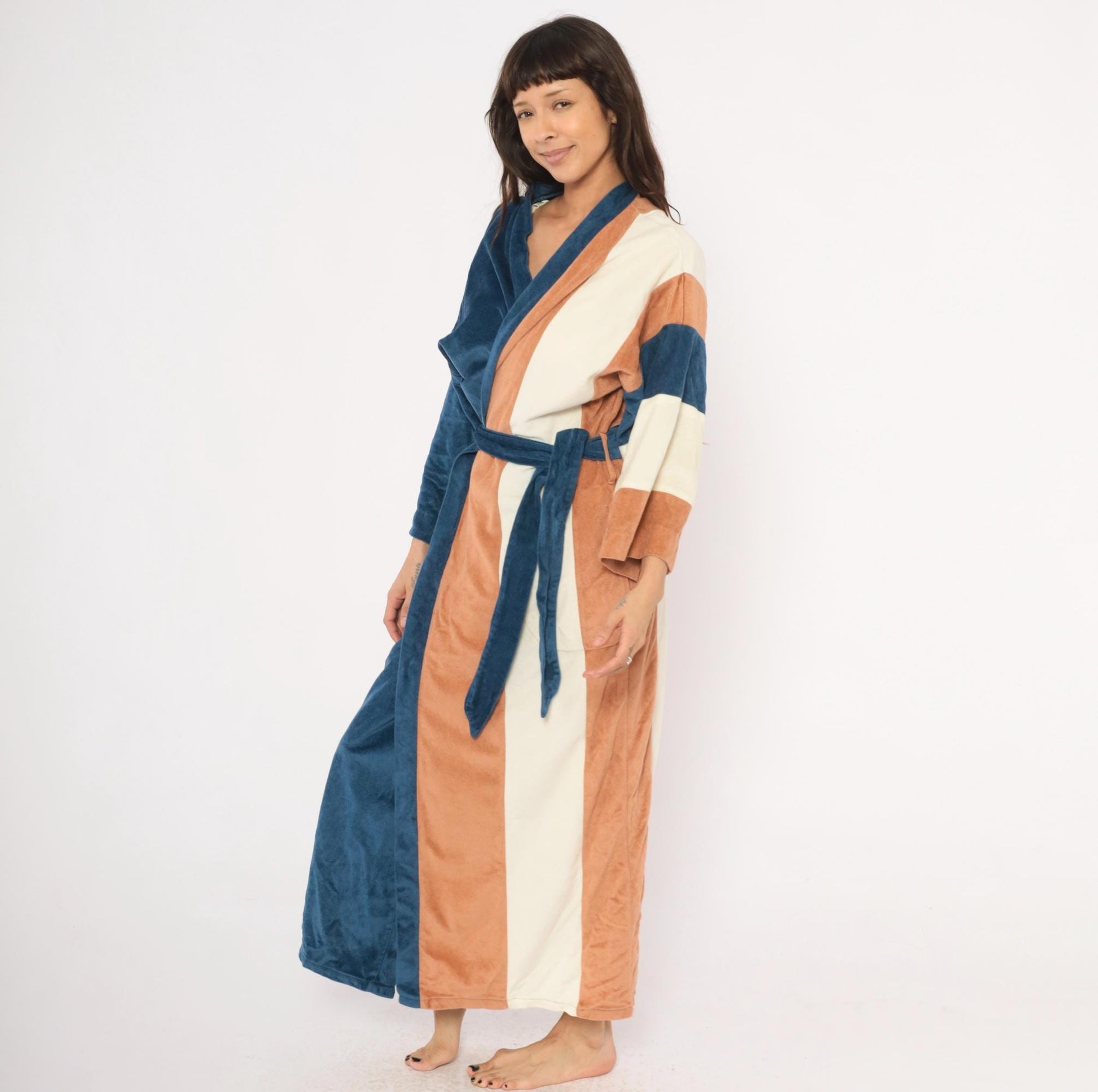 80s JCPenney Velour Kimono Robe Colorblock Navy Copper Cream One Size