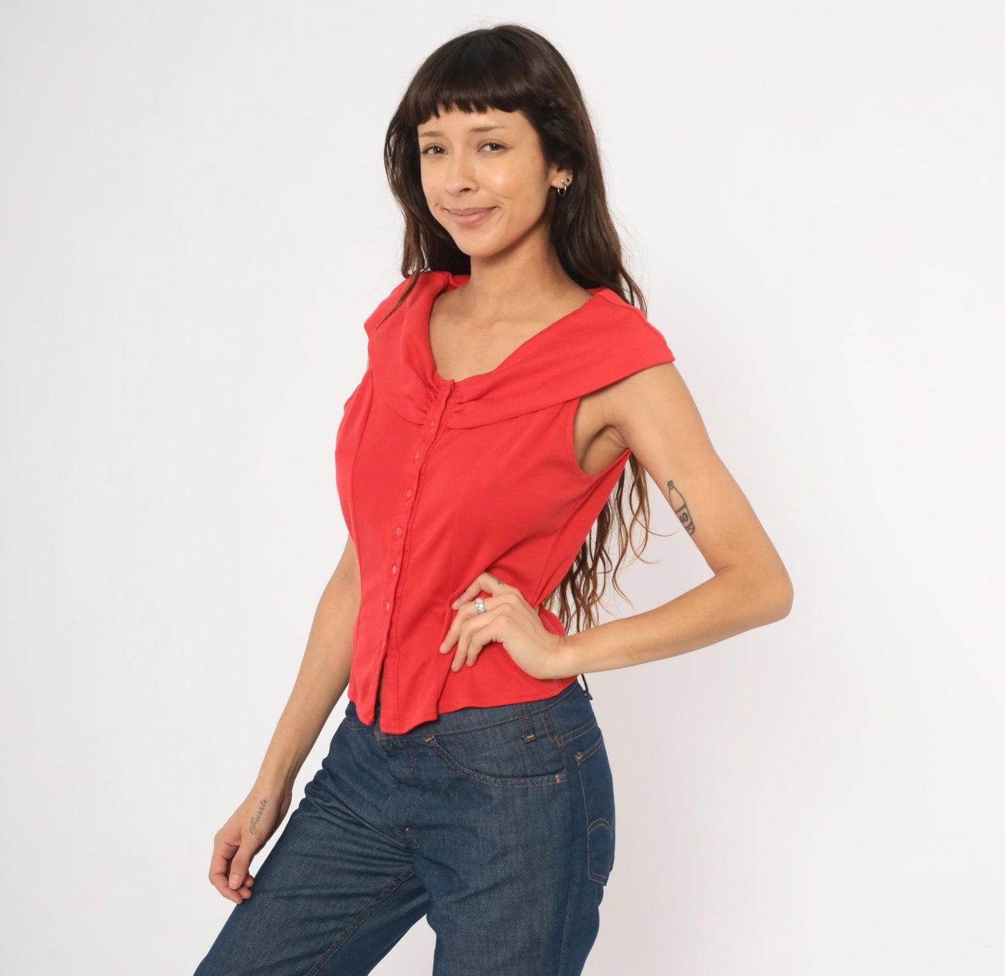 90s Dirty Dancing Red Button Front Blouse Cowl Neck Cap Sleeve Fitted Large L