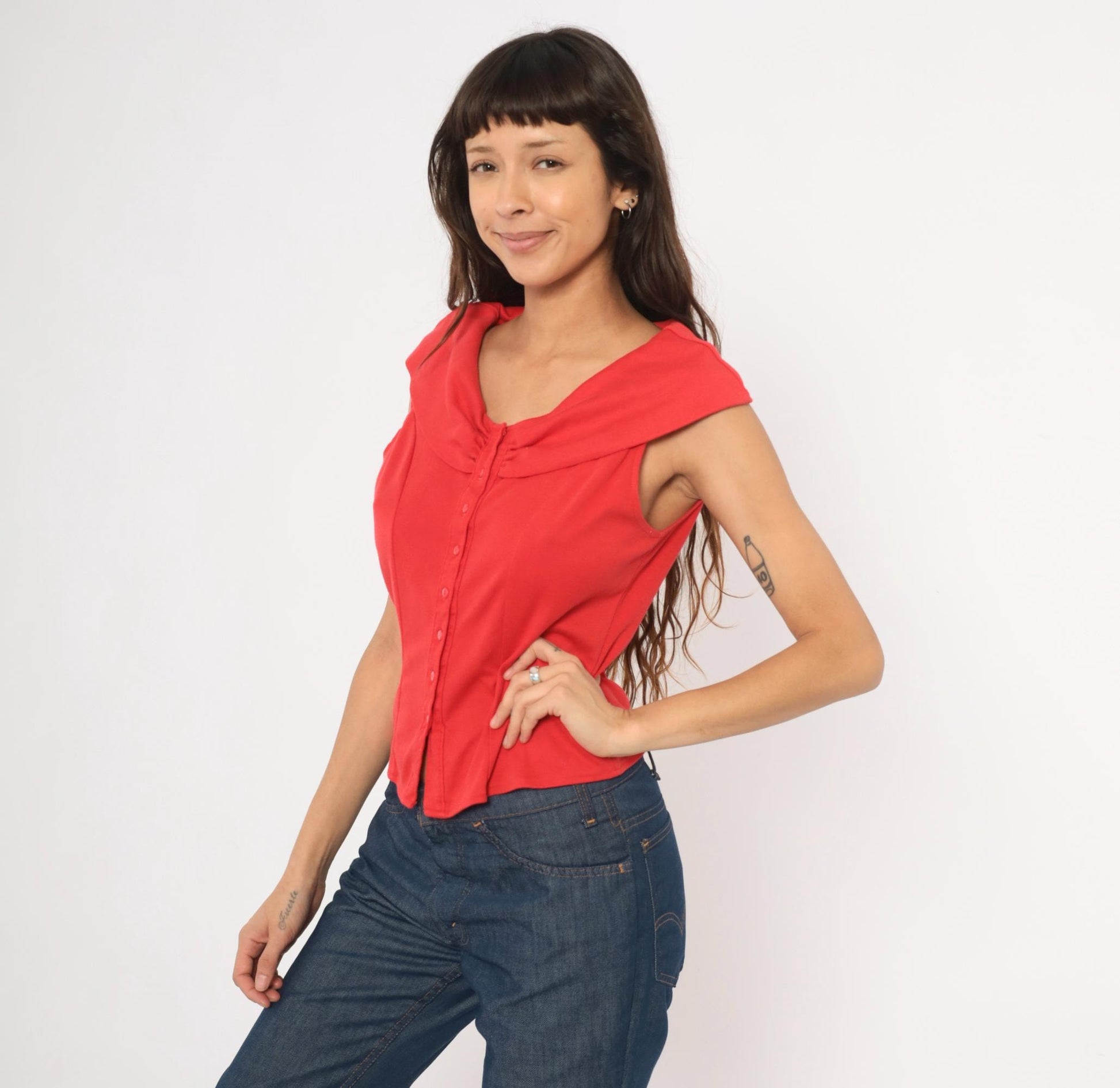 90s Dirty Dancing Red Button Front Blouse Cowl Neck Cap Sleeve Fitted Large L