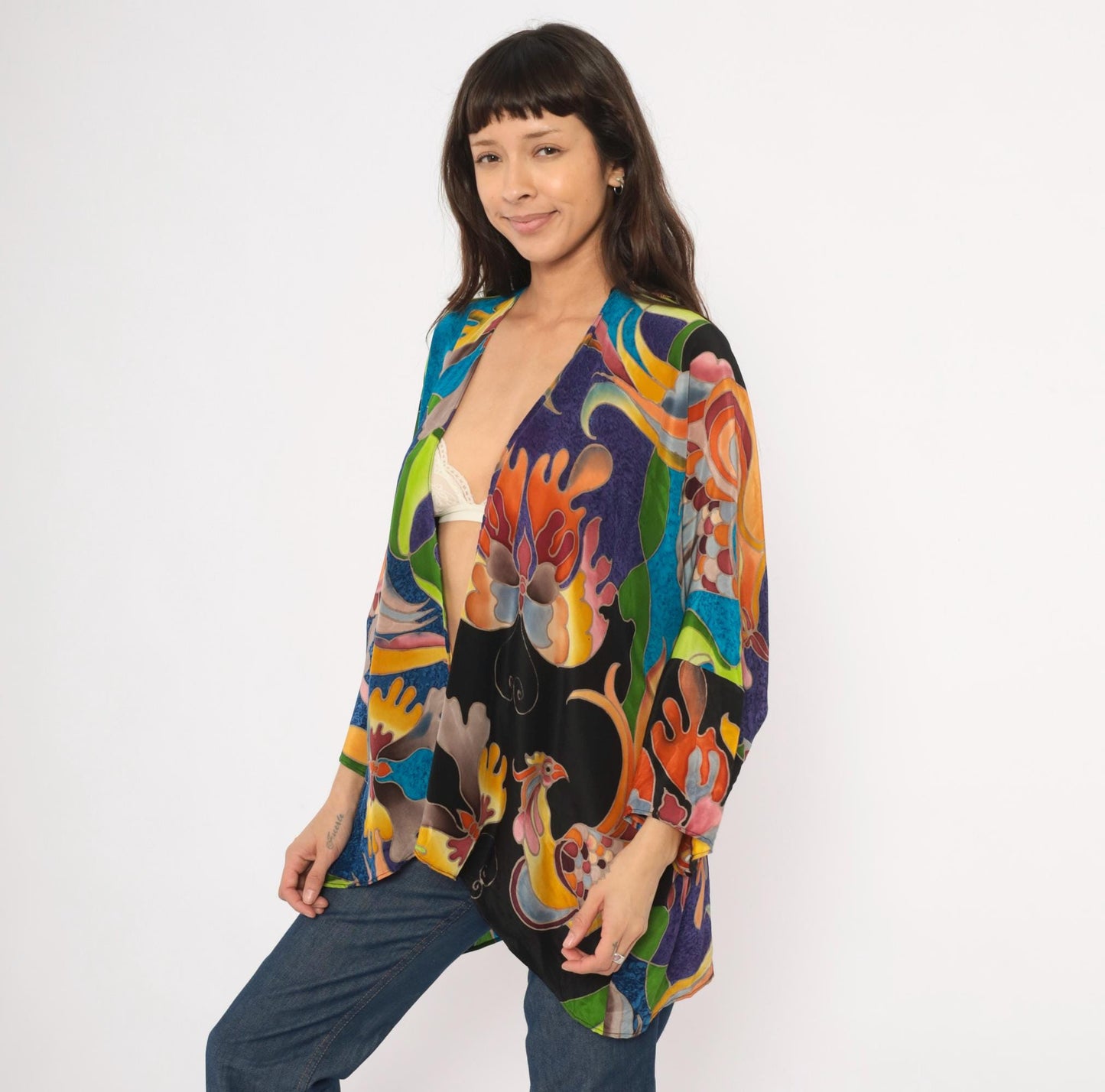 2000s Deeva Silk Kimono Jacket Multicolor Bird Floral Abstract One Size