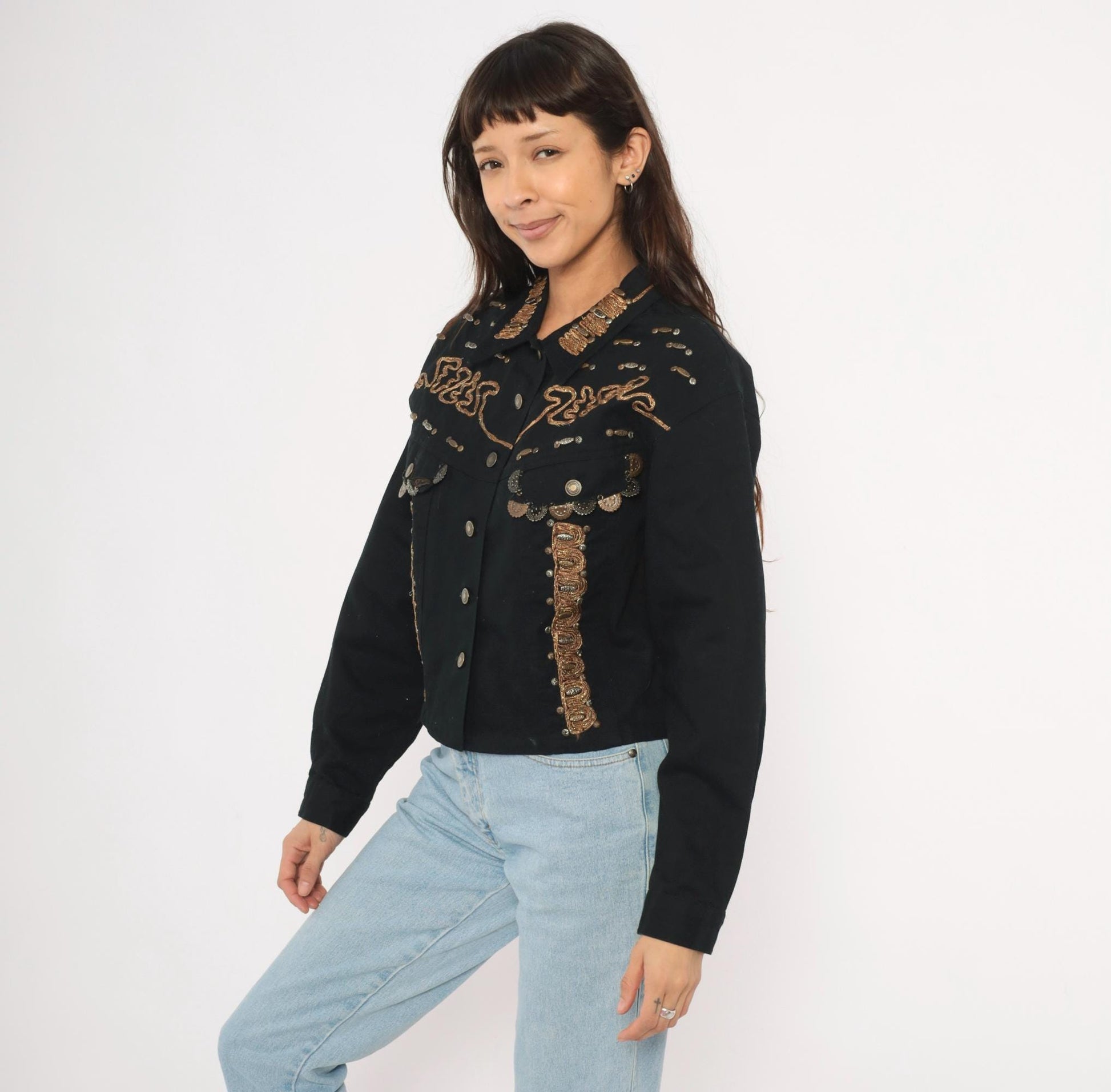 90s Styleworks Black Denim Jacket Gold Coin Charm Embroidered Cropped Large L