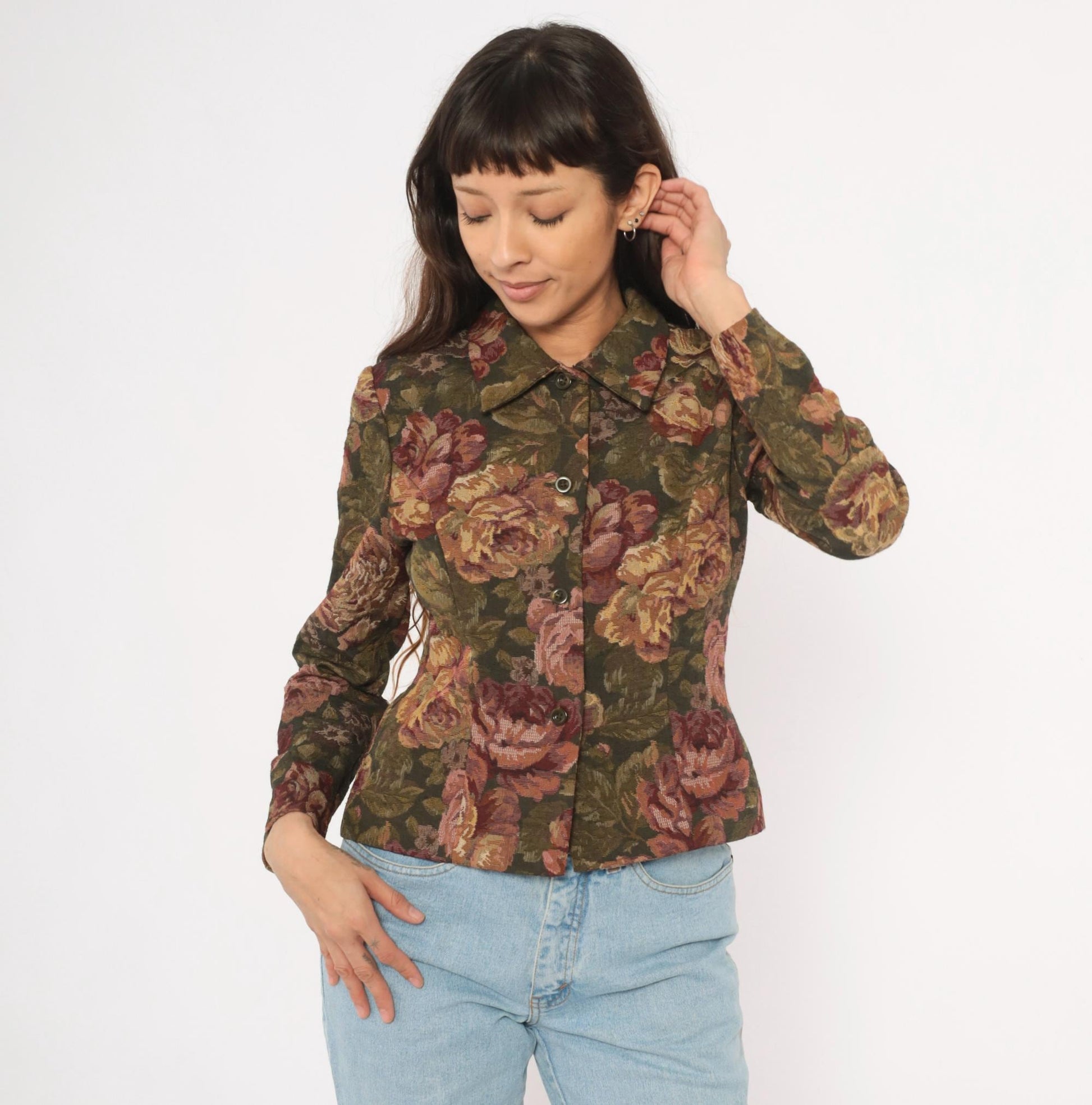 90s Jessica Howard Floral Tapestry Blazer Olive Burgundy Fitted XS