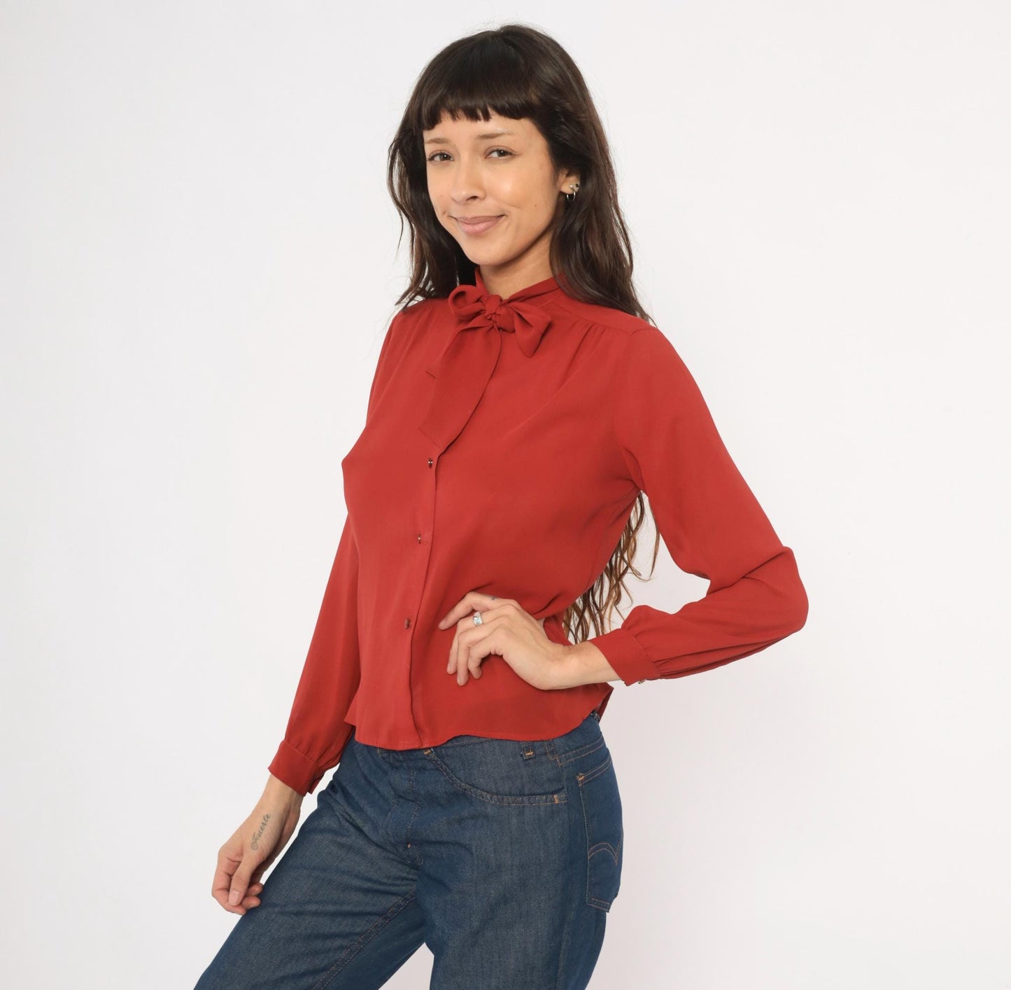 70s Kanga Petite Bow Neck Blouse Rust Terra Cotta Button Front Small