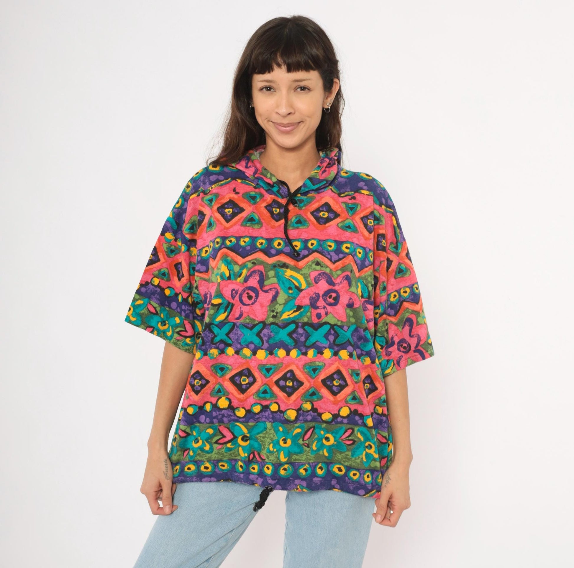 90s Lady John Tribal Hoodie Pink Teal Purple Geometric Floral Pullover One Size