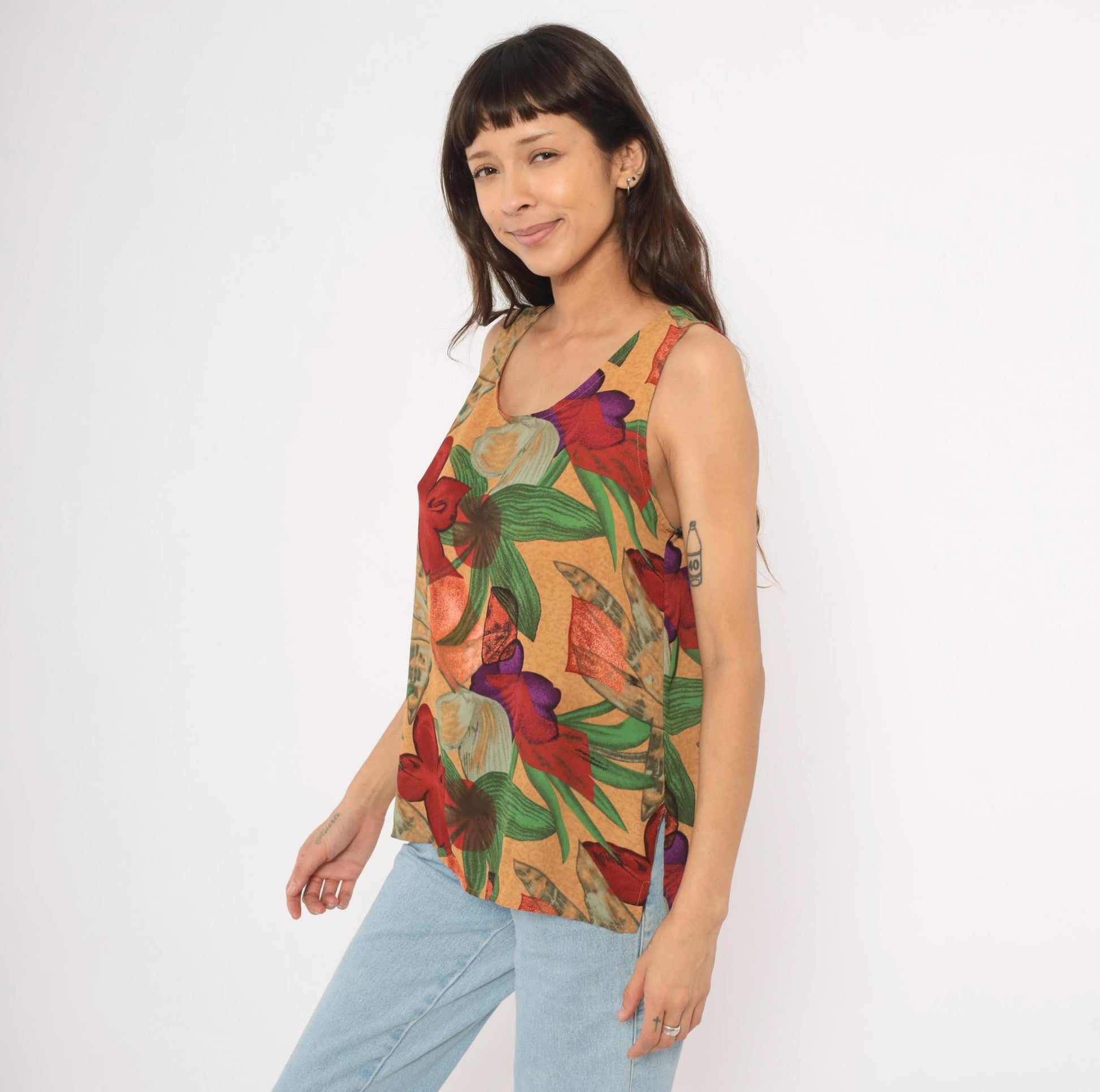 90s Halston Floral Tank Top Tropical Print Sand Medium Large