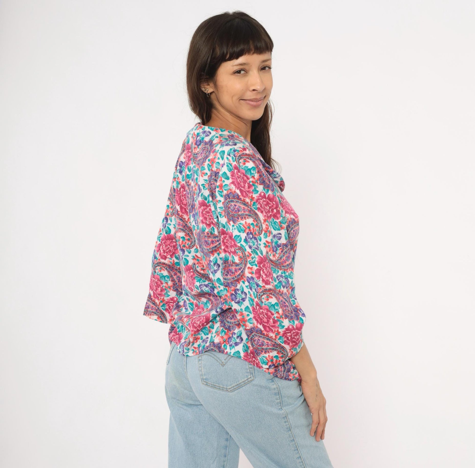 90s Worthington Floral Paisley Blouse Pink Teal Purple Three Quarter Sleeve Large L