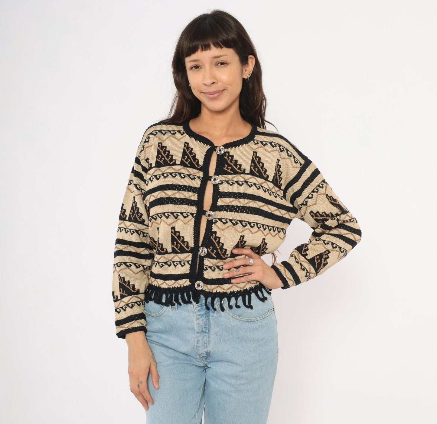 2000s Peruvian Connection Cardigan Cream Black Geometric Fringe Pima Cotton Medium M