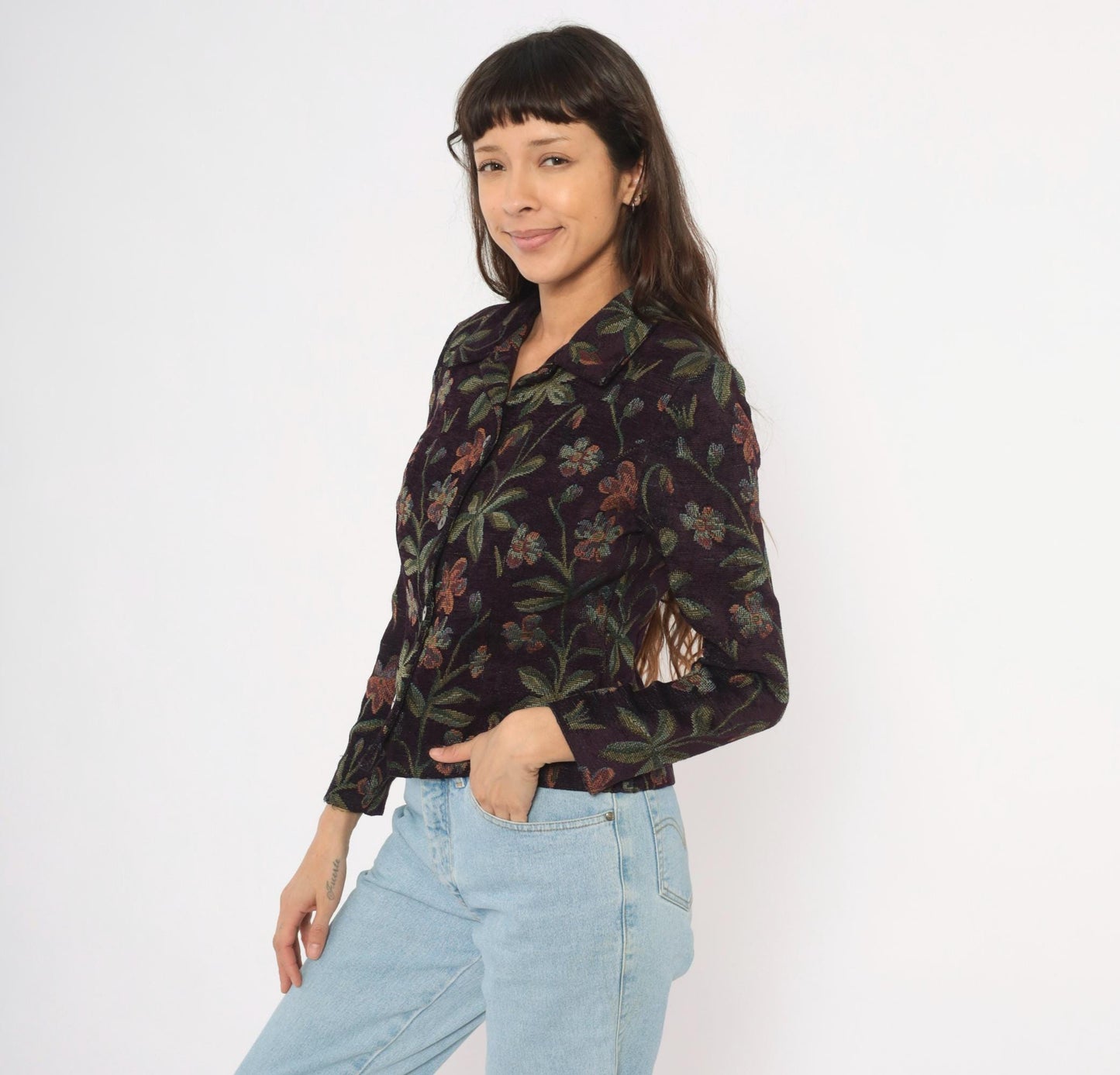 90s Jessica Howard Floral Tapestry Blazer Plum Botanical Woven Cropped Small S