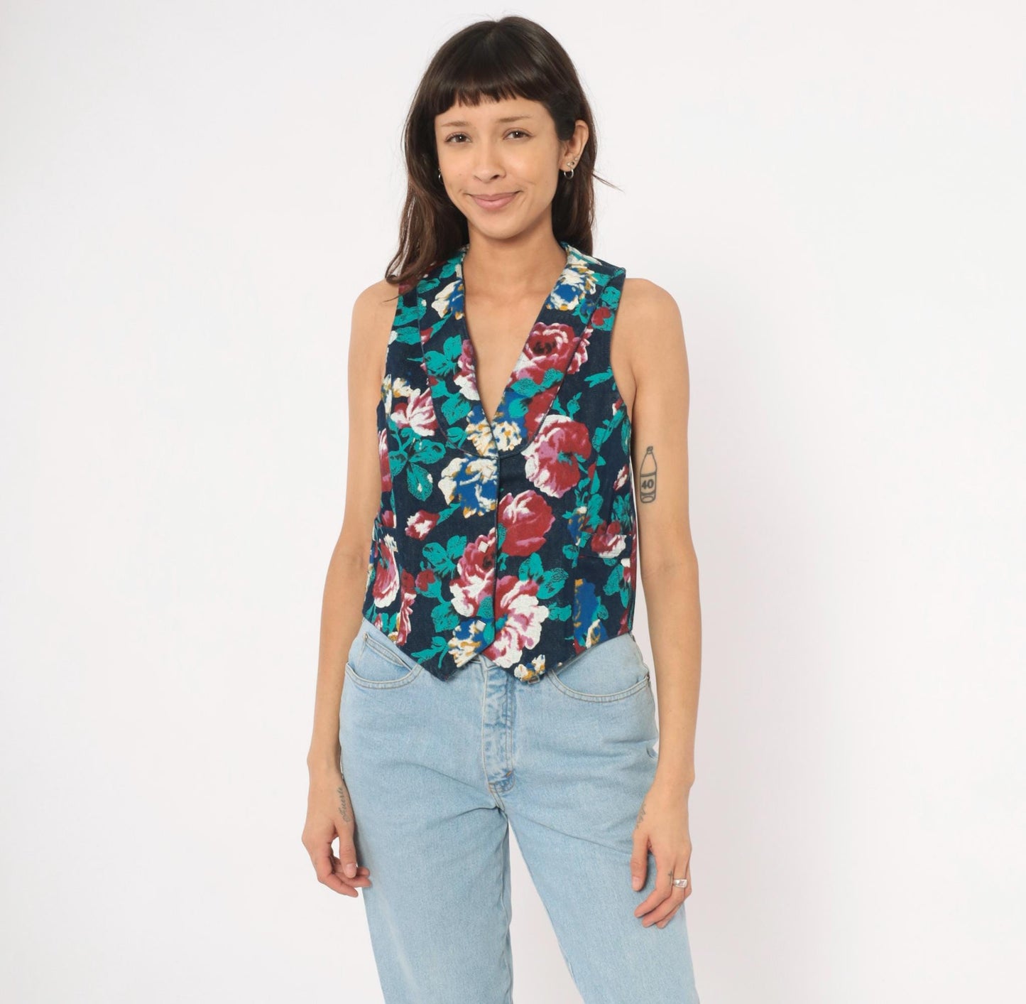 90s Tru-West Floral Denim Vest Navy Rose Teal V-Neck Pointed Hem Extra Small XS