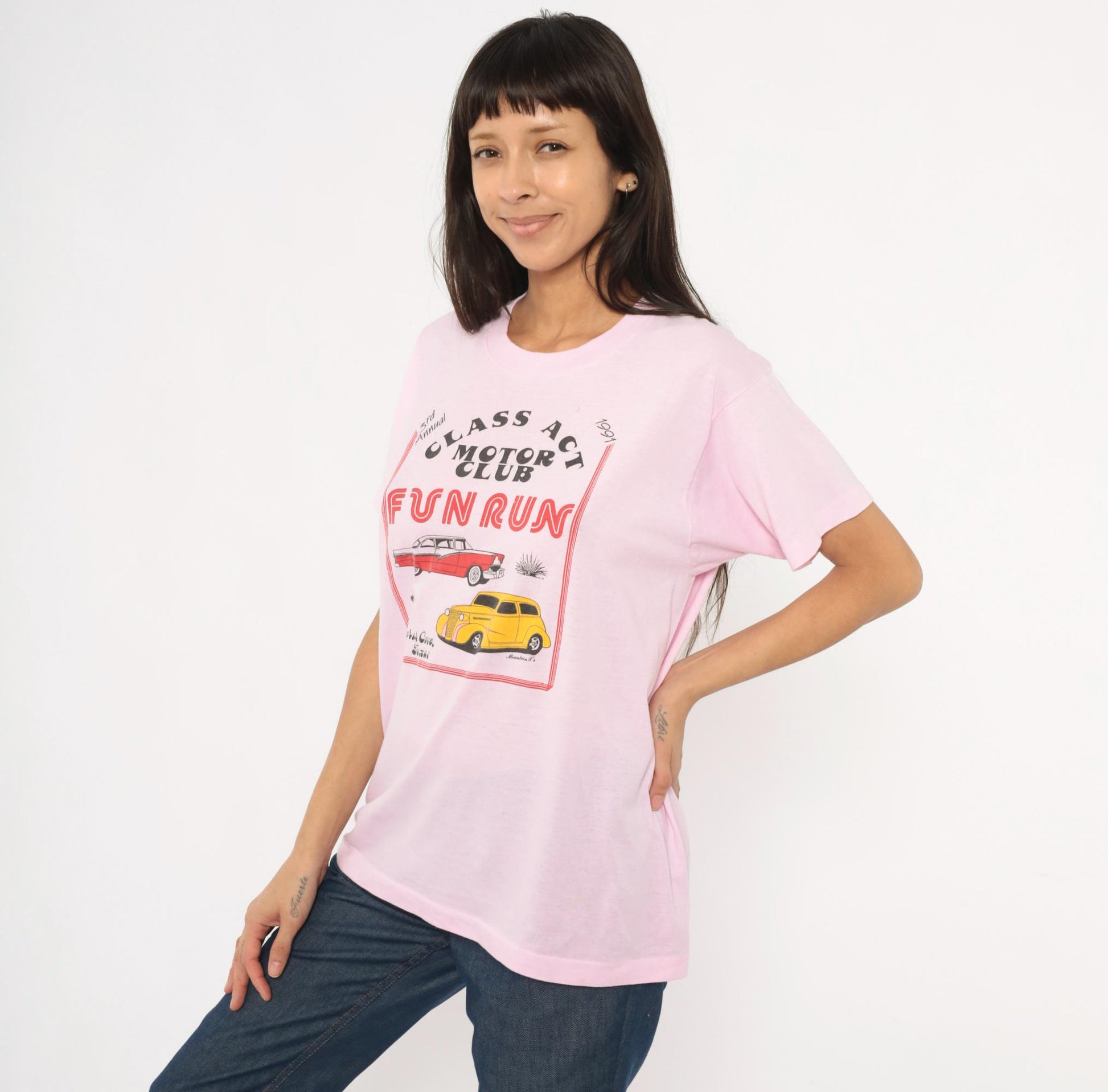80s Screen Stars Class Act Motor Club Hot Rod Tee Pink Graphic XL