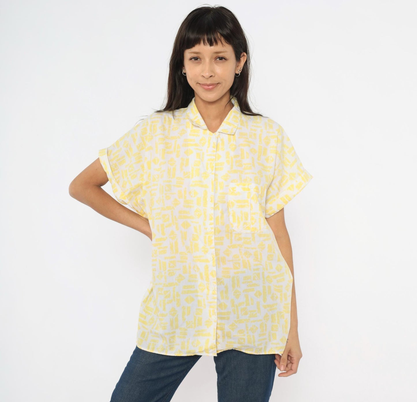 90s Golden Wings Abstract Geometric Shirt Yellow White Collared Blouse Large L