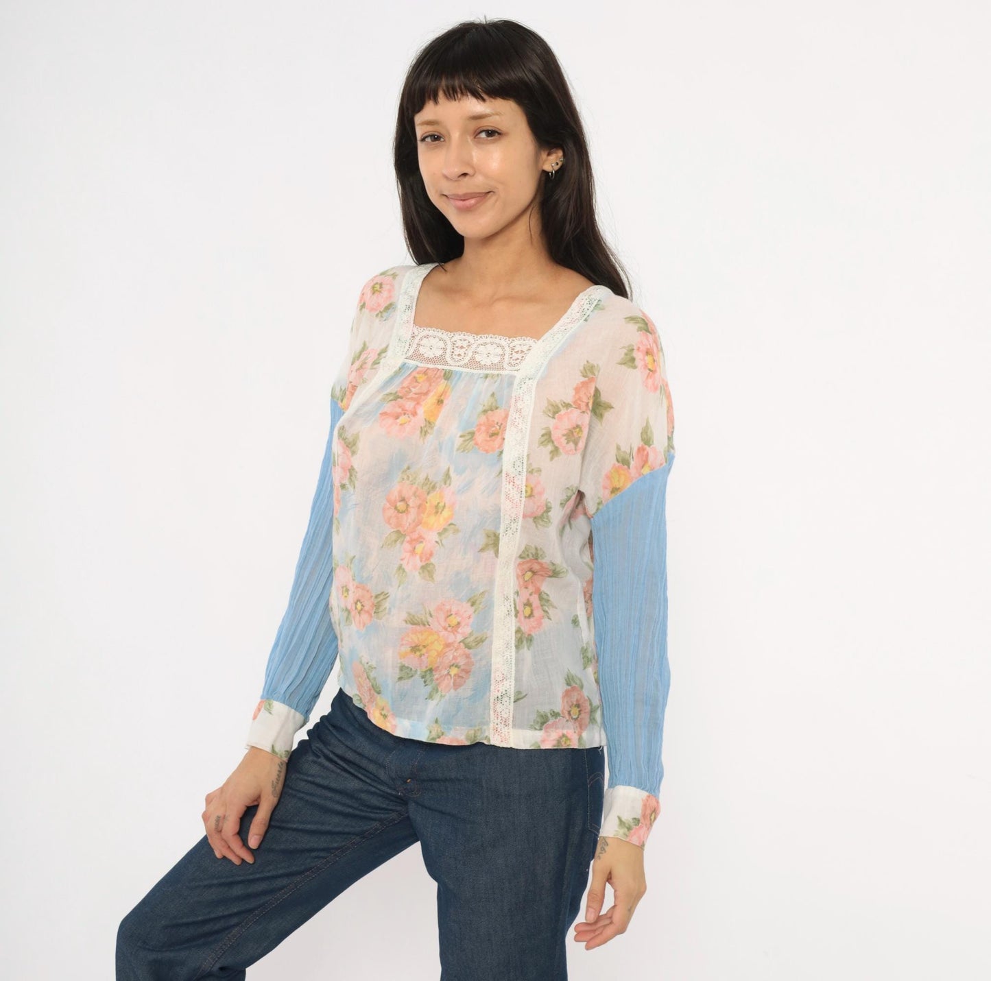70s Arnelle of California Floral Peasant Blouse Pink Rose Cotton Gauze Medium