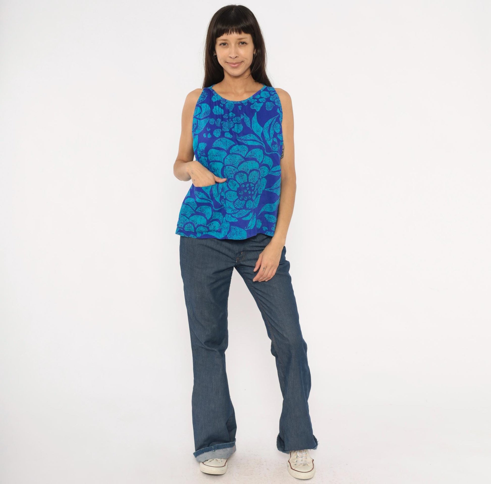 70s Batik Floral Tank Top Cobalt Teal Cotton Scoop Neck Medium M