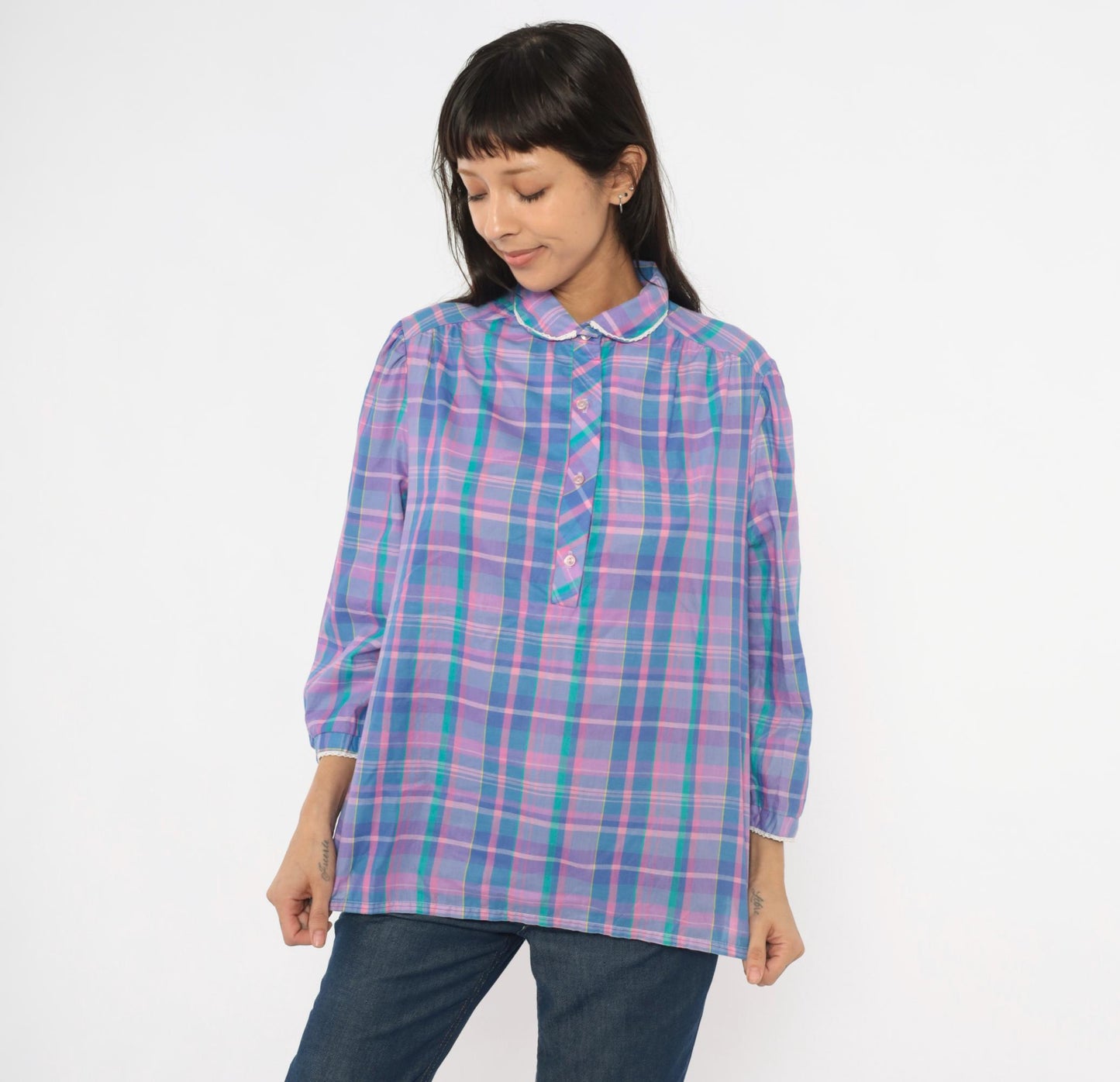 80s Maggie Sweet Plaid Puff Sleeve Blouse Peter Pan Collar Purple Teal Large