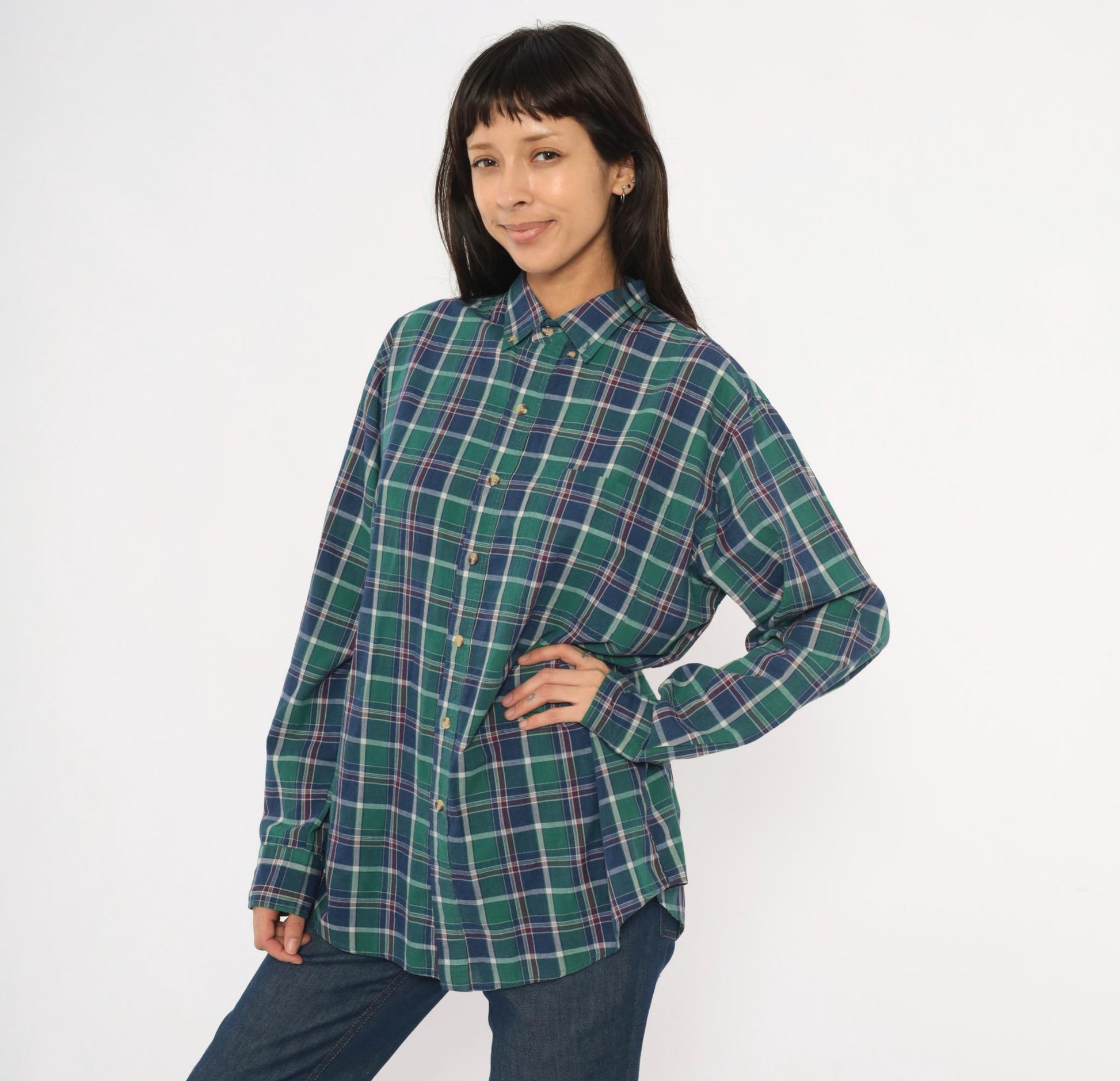 80s McGregor Plaid Flannel Button-Down Shirt Forest Green Navy Tartan Large L