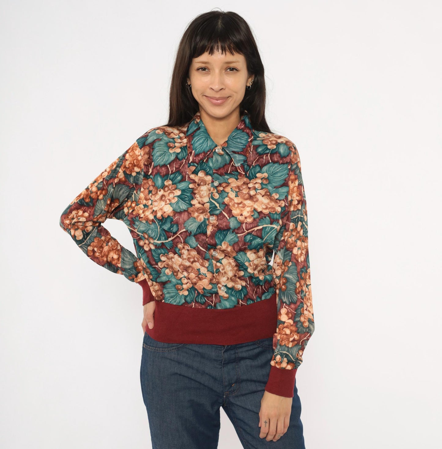 70s Grape Vine Button Blouse Burgundy Teal Pointed Collar Long Sleeve Medium