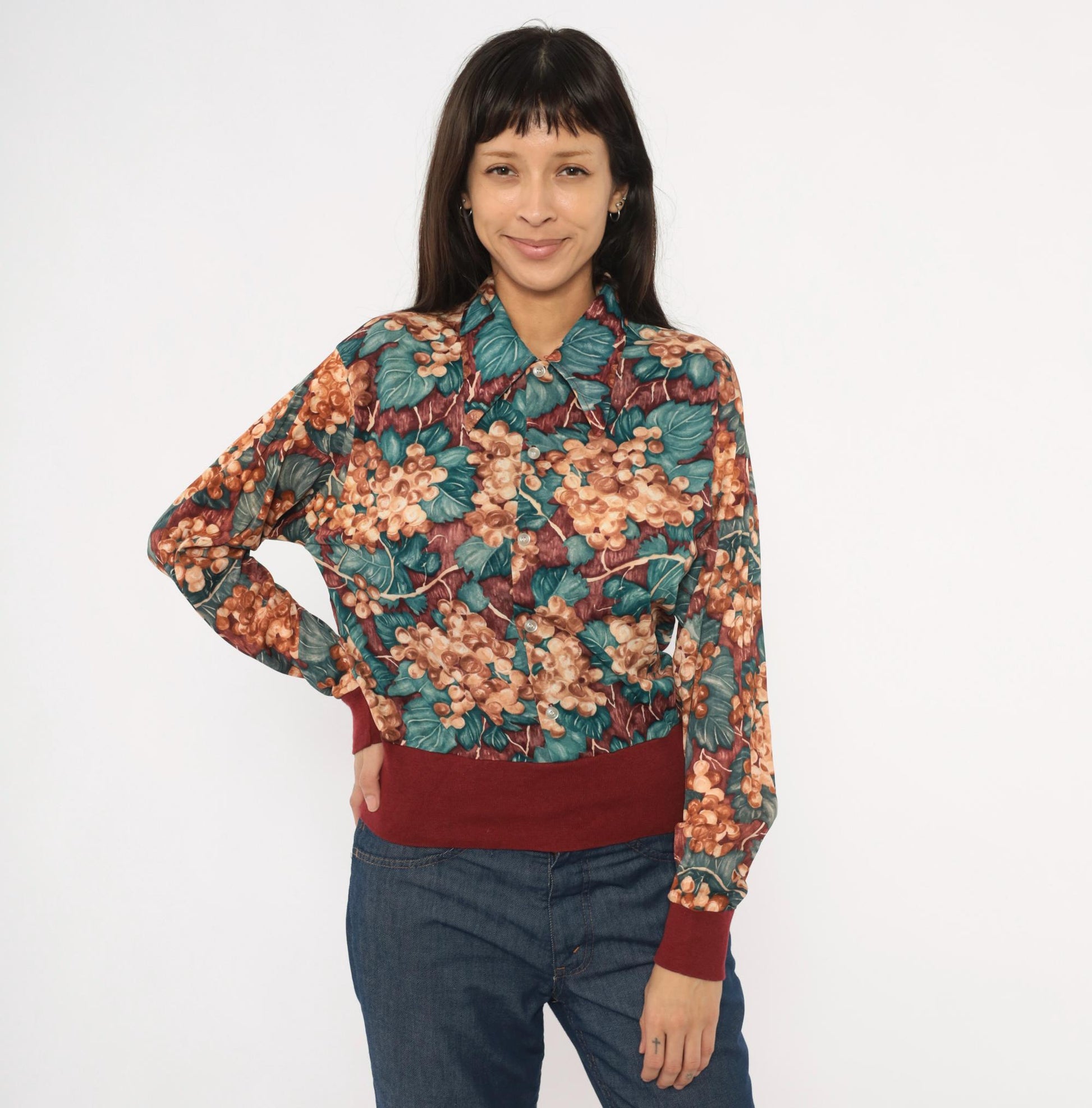 70s Grape Vine Button Blouse Burgundy Teal Pointed Collar Long Sleeve Medium