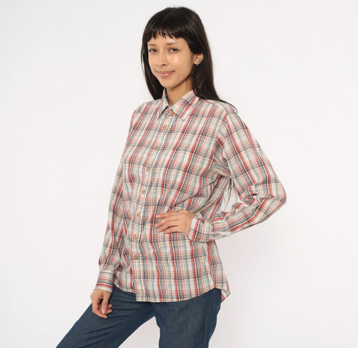 80s New York Sportswear Exchange Plaid Button-Up Shirt Cream Burgundy Medium