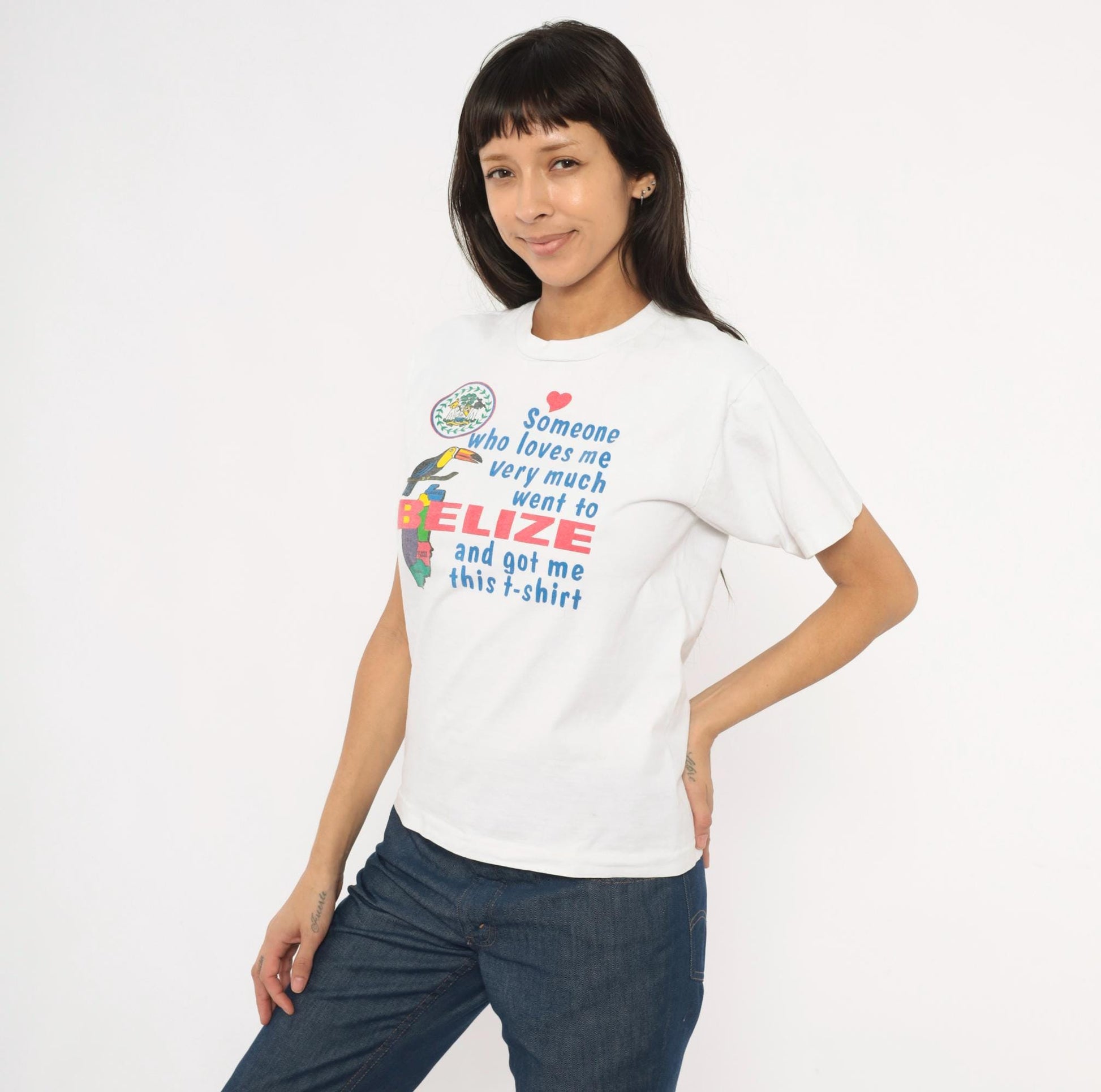 Y2K Belize Souvenir Tee Toucan Graphic White Cotton Small S