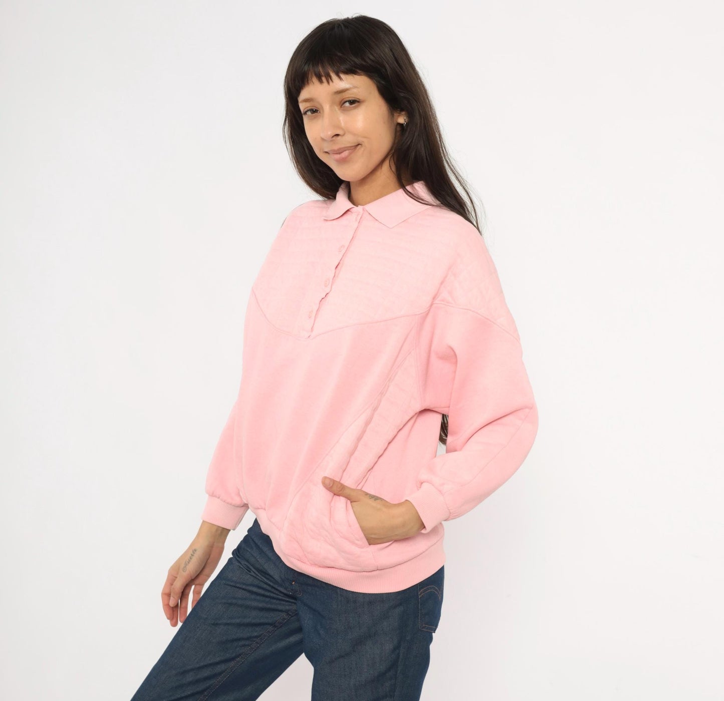 90s Casual Isle Quilted Collared Sweatshirt Pink Large L