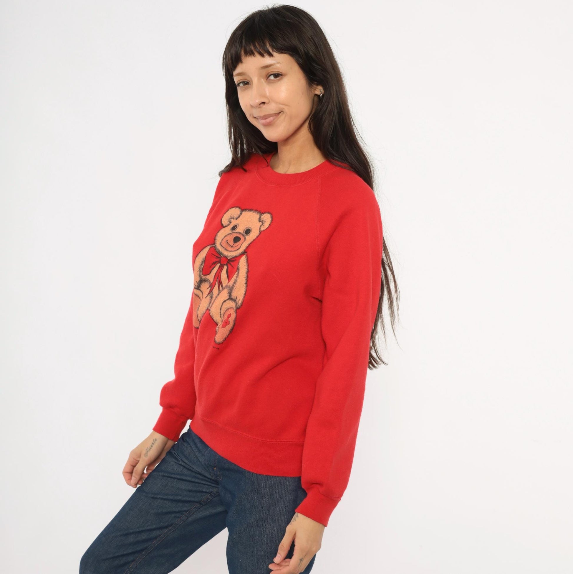 80s Teddy Bear Red Raglan Sweatshirt Graphic Crewneck Hearts Bow Medium M