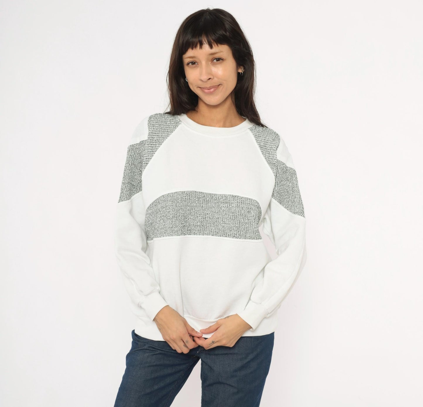 90s Fashion Force Color Block Sweatshirt White Grey Marled Raglan Large L